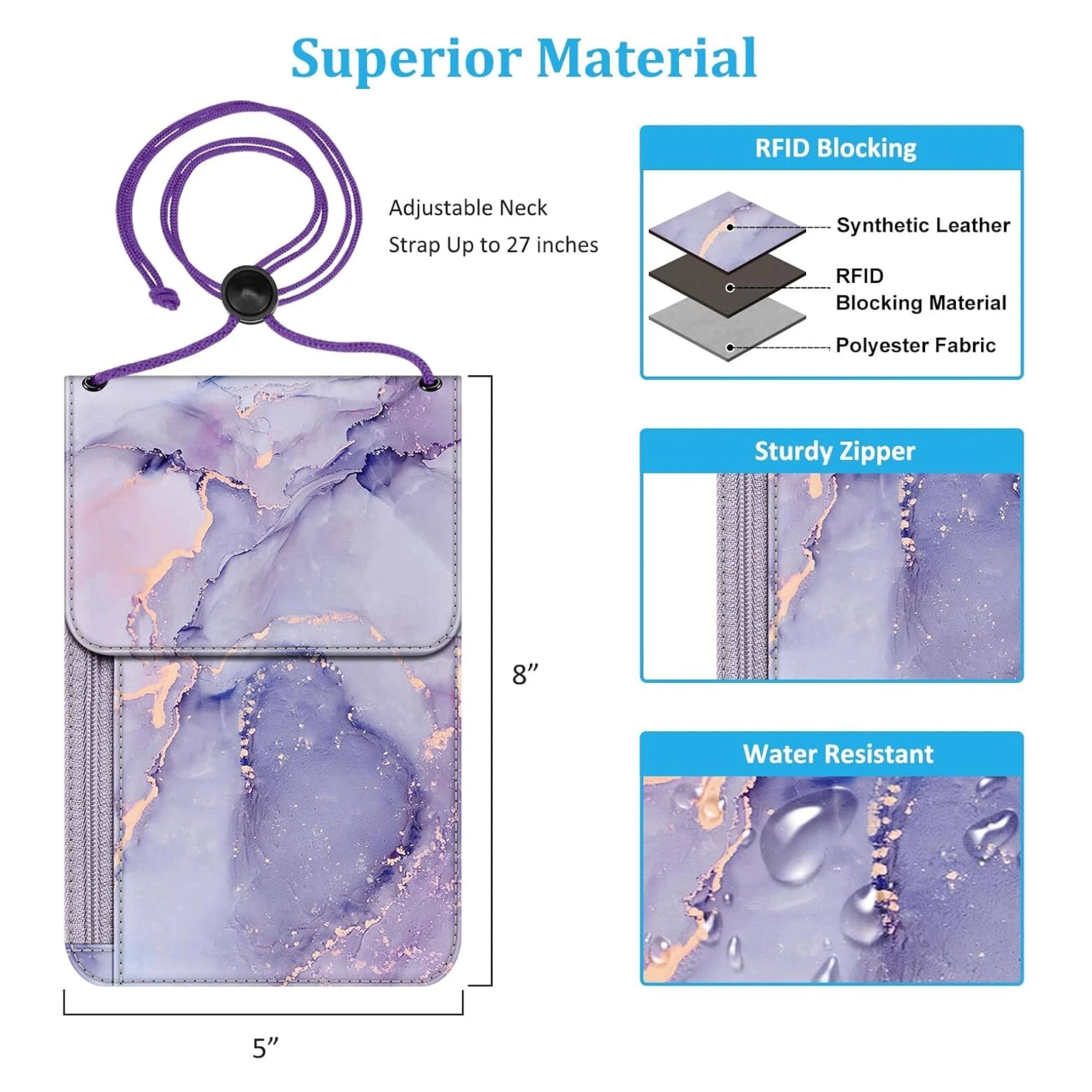Superior Material

- Adjustable Neck Strap Up to 27 inches
- RFID Blocking
  - Synthetic Leather
  - RFID Blocking Material
  - Polyester Fabric
- Sturdy Zipper
- Water Resistant

Dimensions: 8" x 5"