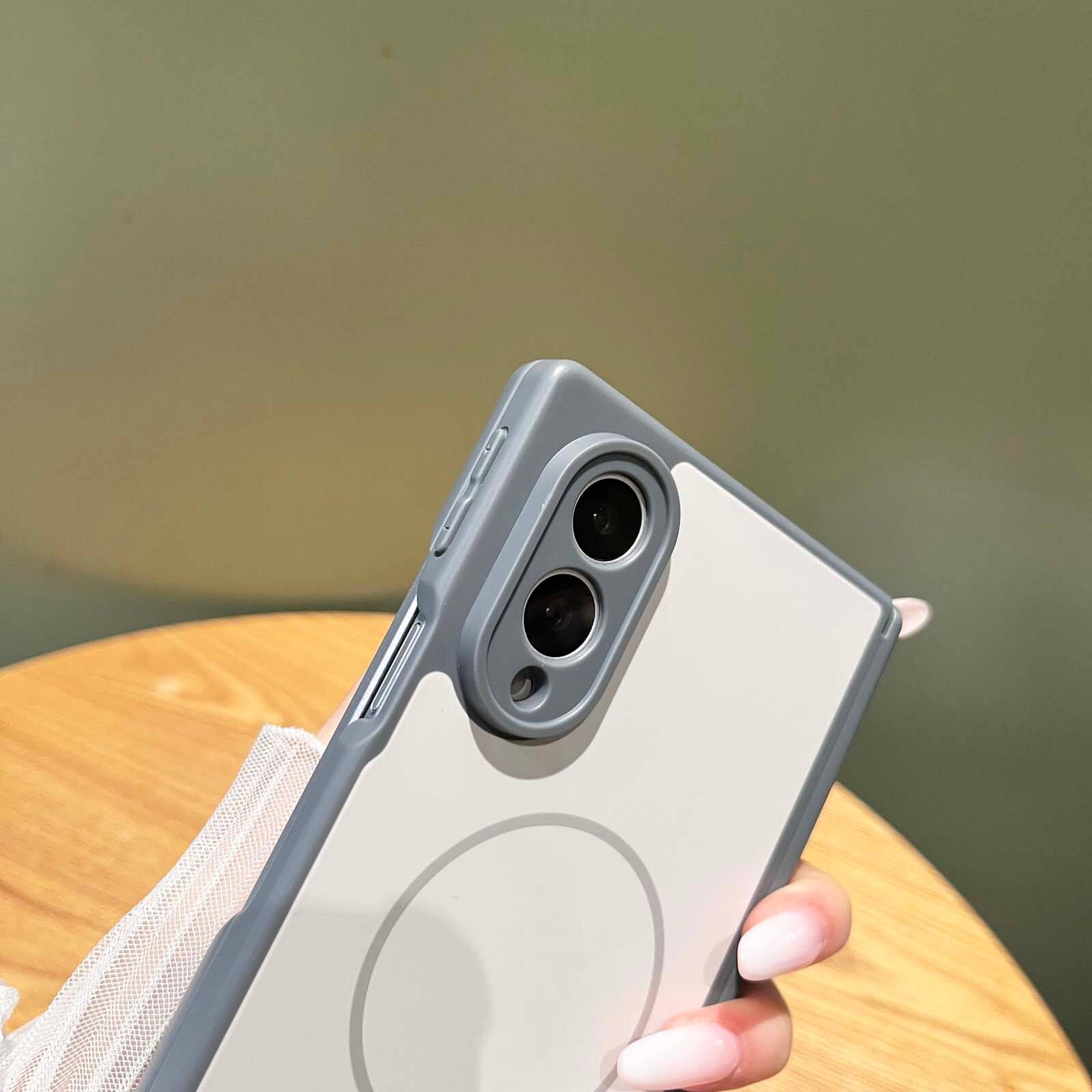 Angle. Dteck - Shockproof Magnetic Back Case for Samsung Galaxy Z Fold8, Slim Hybrid Cover with Hinge Guard, Raised Edge Screen Camera - Gray.