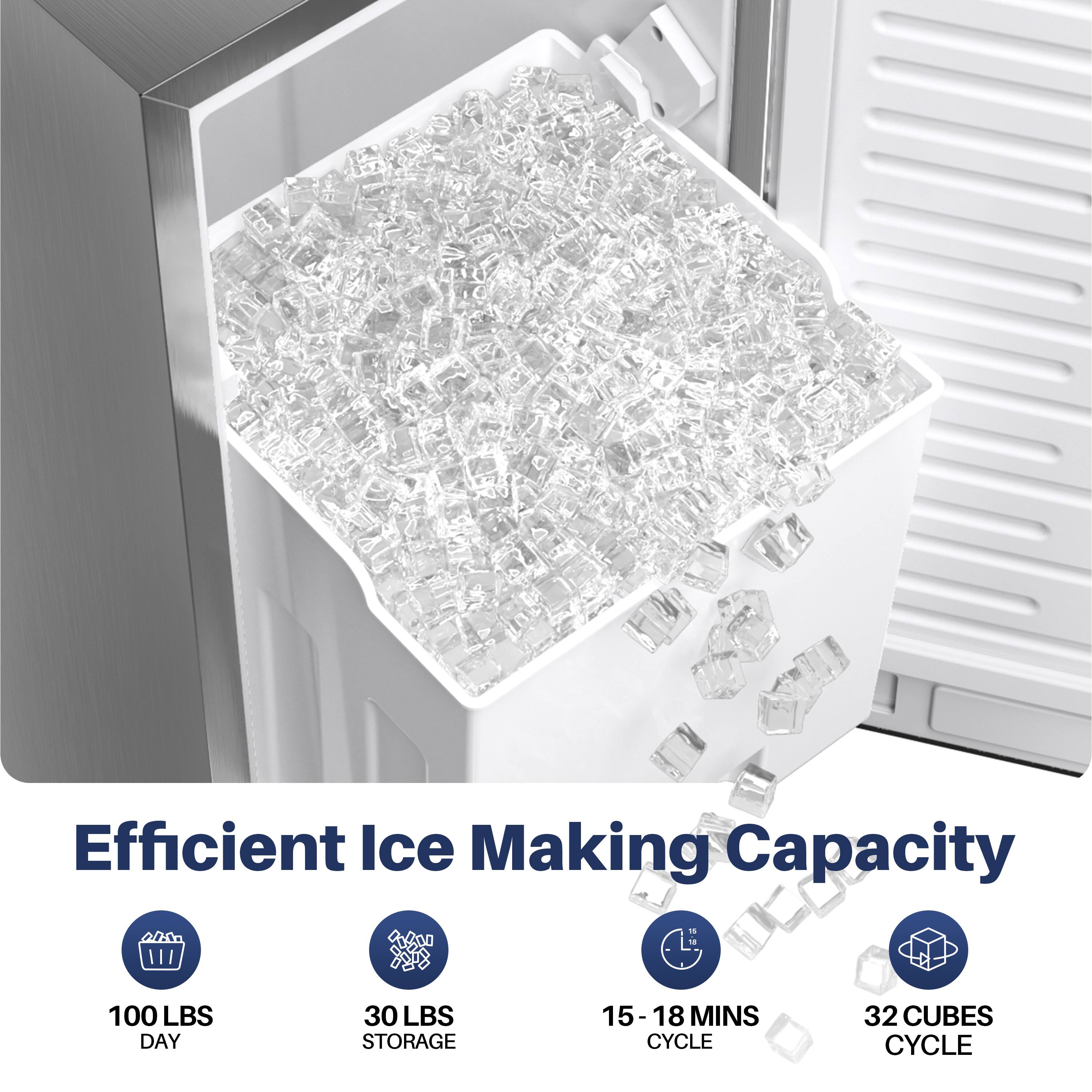 Efficient Ice Making Capacity

100 LBS DAY
30 LBS STORAGE
15-18 MINS CYCLE
32 CUBES CYCLE