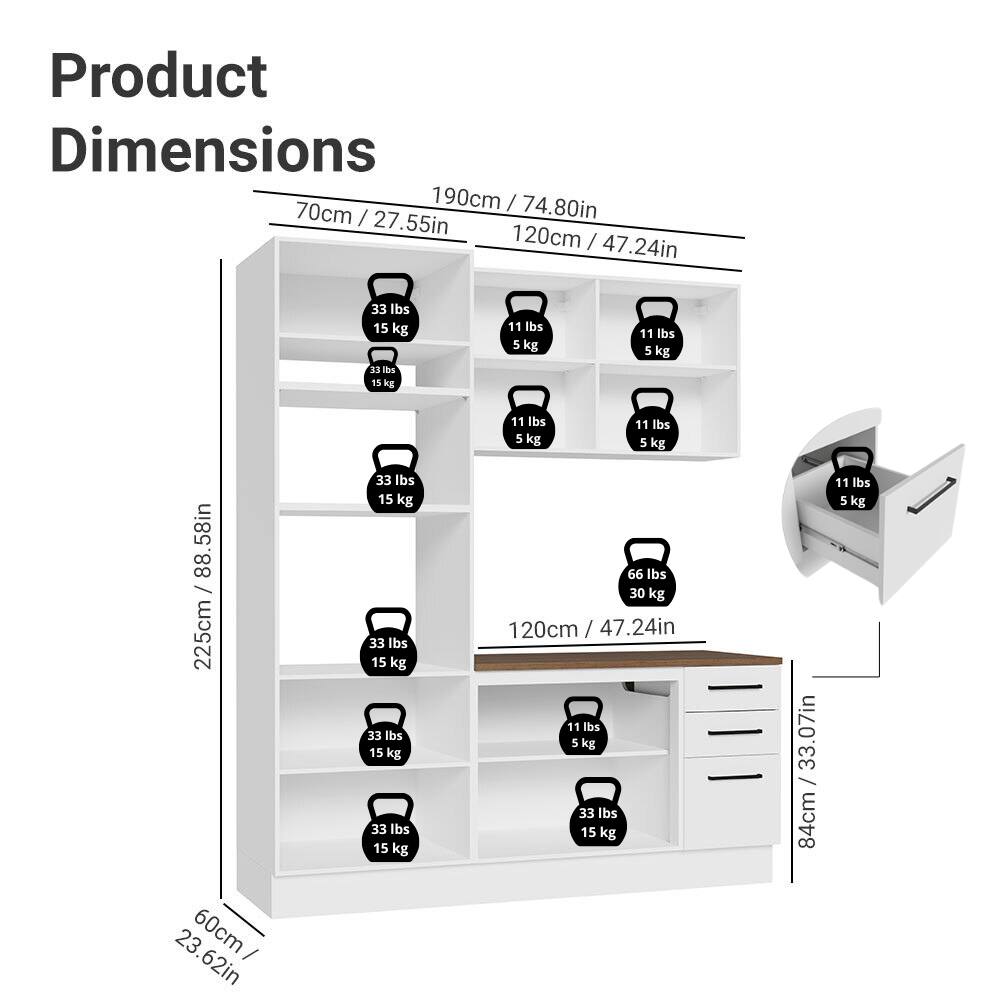 Product Dimensions

- 190cm / 74.80in
- 70cm / 27.55in
- 120cm / 47.24in
- 225cm / 88.58in
- 60cm / 23.62in
- 84cm / 33.07in
- 120cm / 47.24in

Weight Capacity:

- 33 lbs / 15 kg
- 11 lbs / 5 kg
- 66 lbs / 30 kg