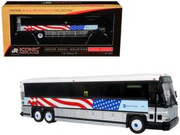 Iconic Replicas - 2001 MCI D4000 Coach Bus MTA New York City 9/11 Memorial Silver White American Flag Graphics Limited Edition 1/87 HO - Silver ,White, Blue , Red
