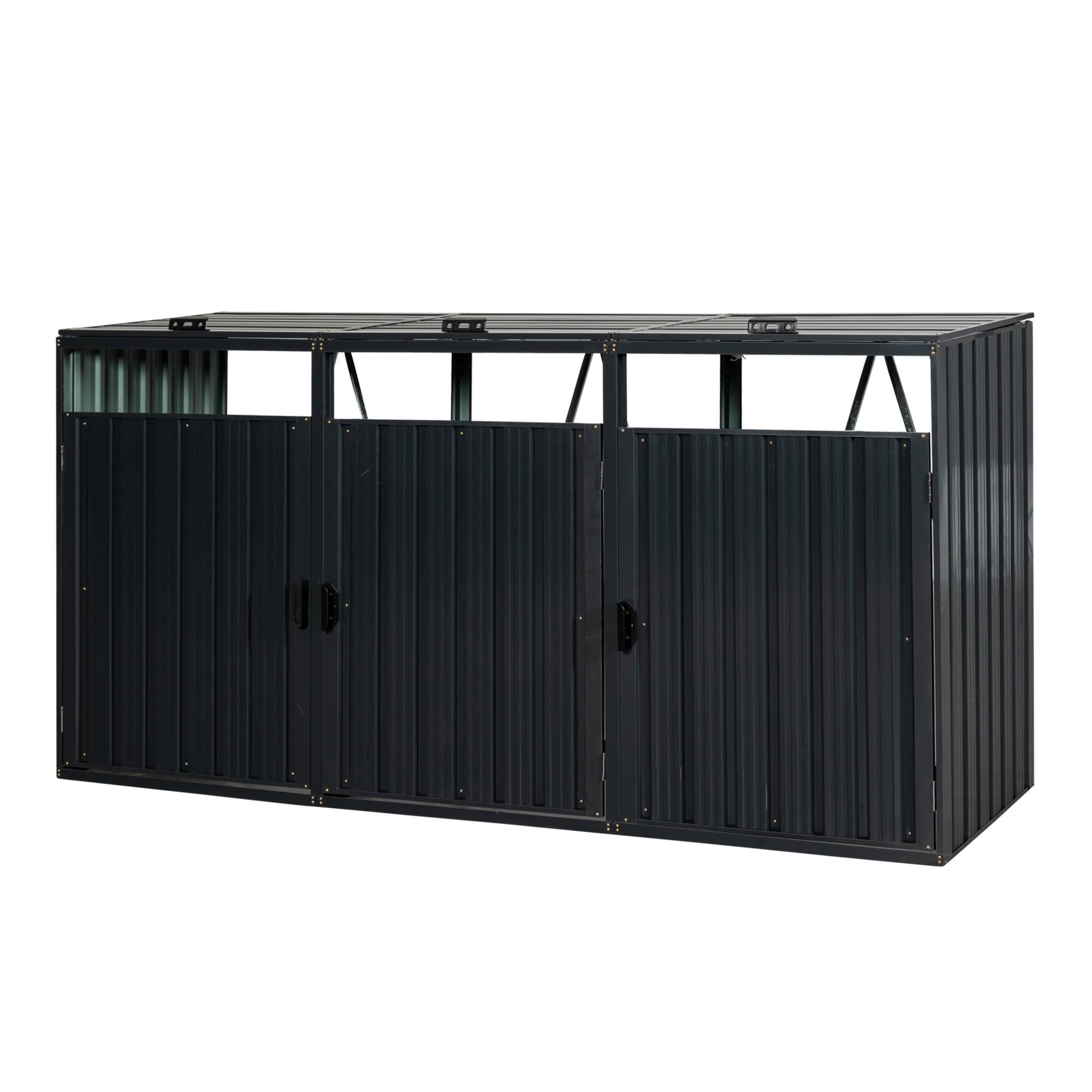 Front. Mondawe - 3 Trash Cans Metal Outdoor Bin Shed - Charcoal.