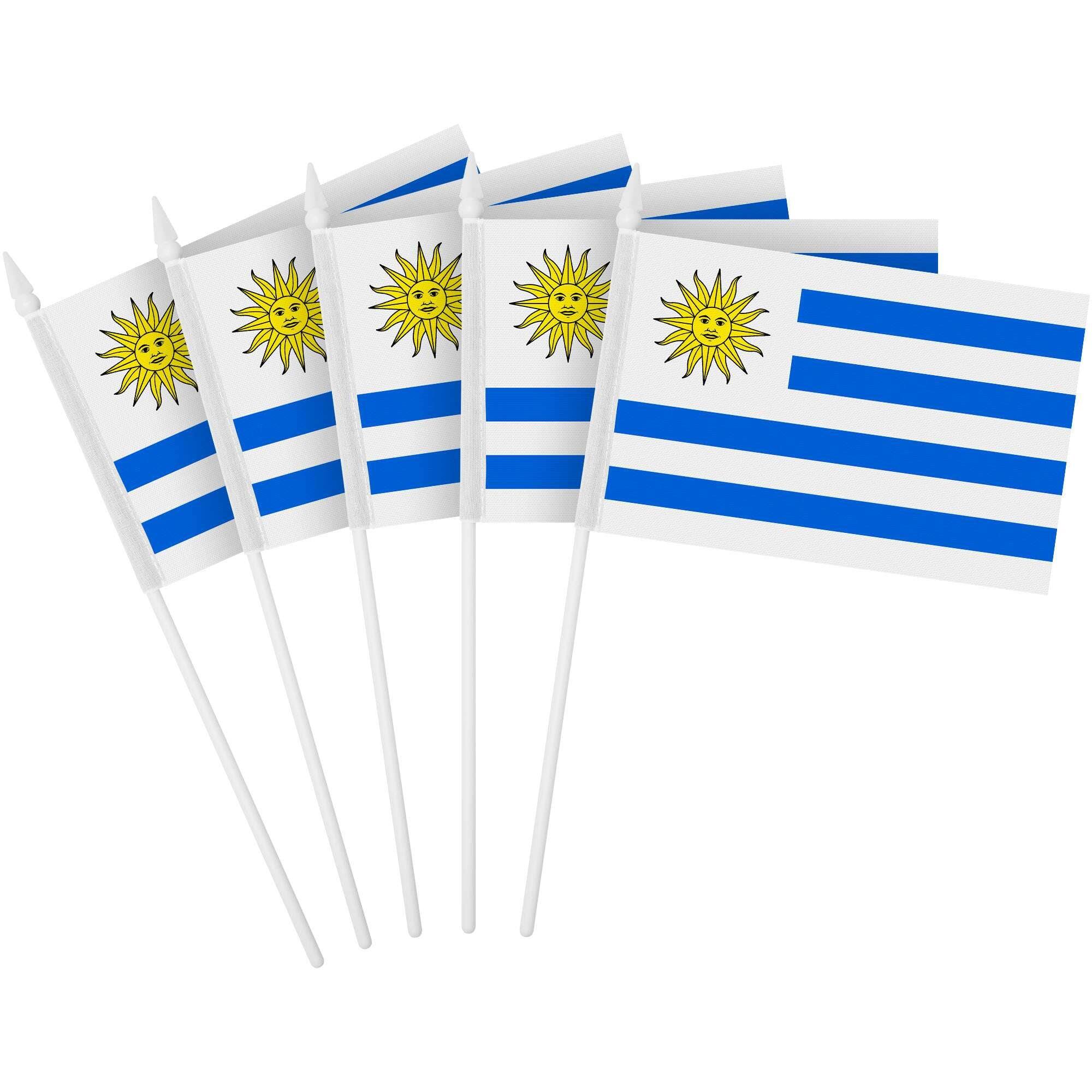 Front. G128 - Handheld Uruguay Stick Flags 4x6 Inch Printed 150D Polyester 10 Pack - Blue and White.