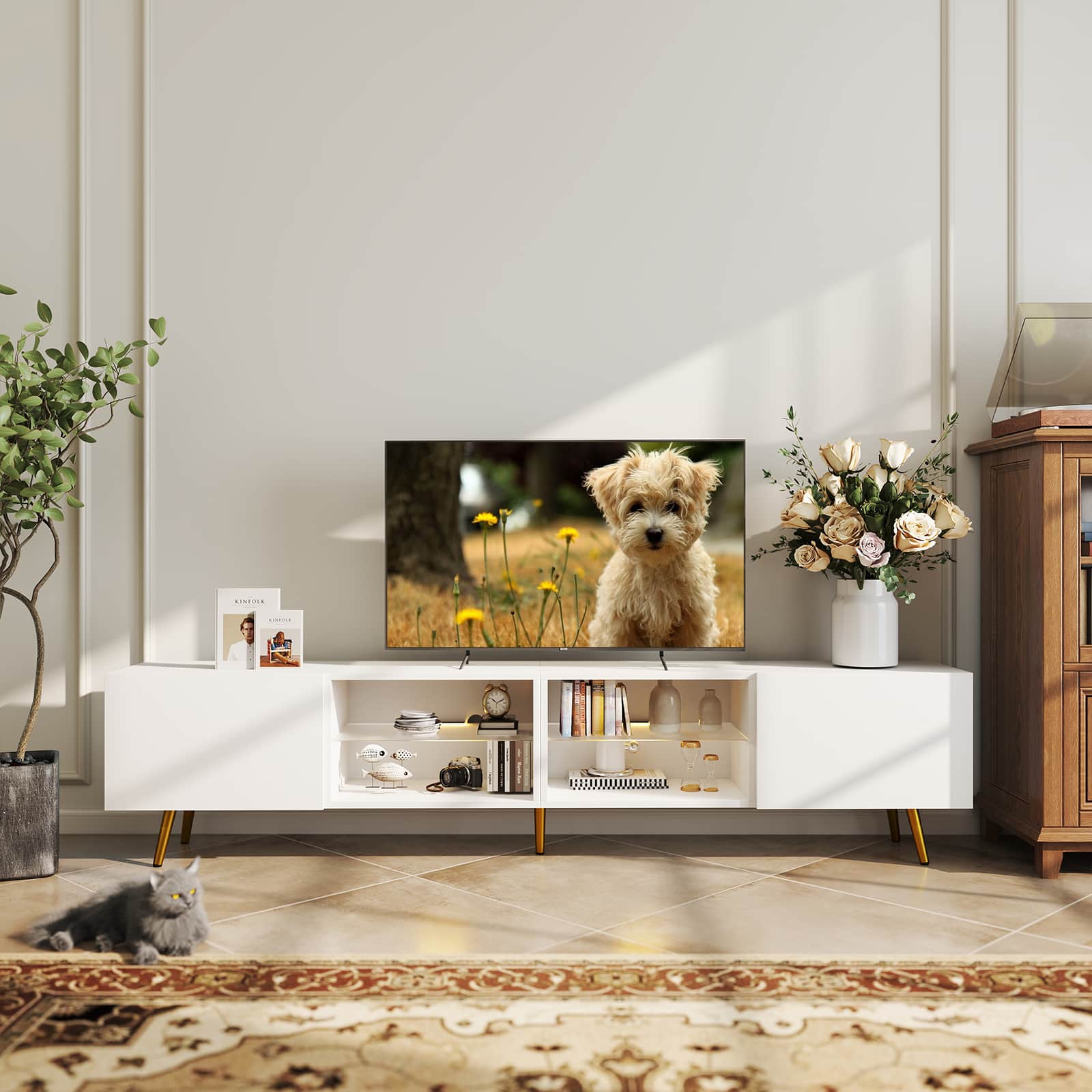 Bestier - 86.6” Modern TV Stand with LED Lights, Gold Legs, Media Console with Storage for Living Room - White