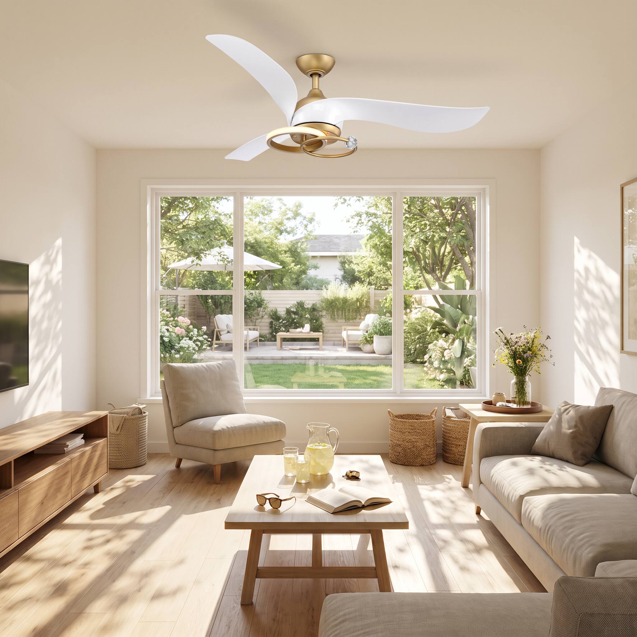Angle. Parrot Uncle - 52 Inch Modern Luxury 3 Blade Ceiling Fan with Dual Ring Crystal LED Light 6 Speed DC Motor and Remote Control - White.