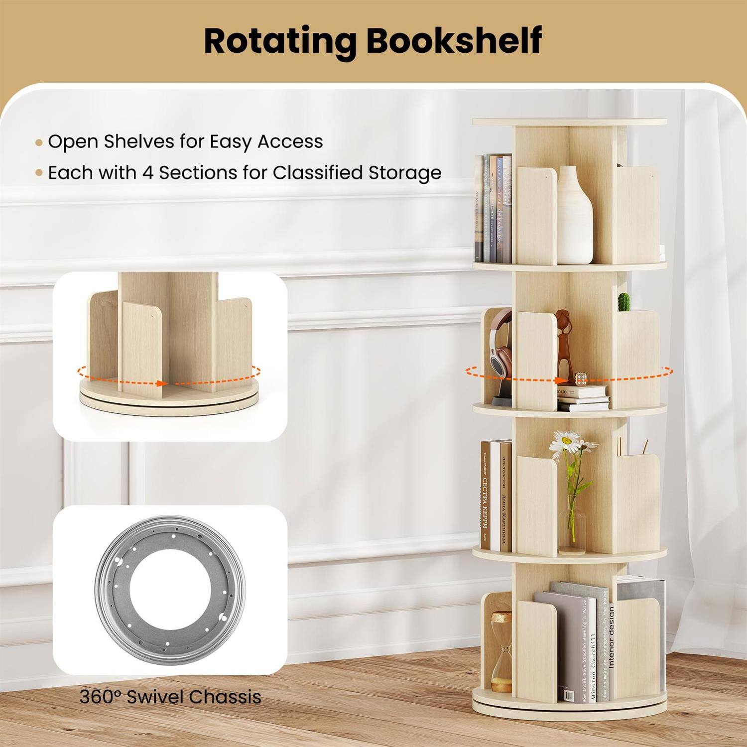 Rotating Bookshelf

- Open Shelves for Easy Access
- Each with 4 Sections for Classified Storage

360° Swivel Chassis