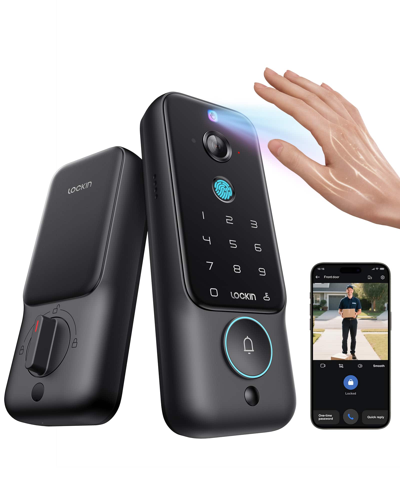 Lockin - Veno Plus Smart Lock with 2K 180° Camera & Video Doorbell, AI Local Storage, Palm Vein/Fingerprint Entry, Built-in WiFi