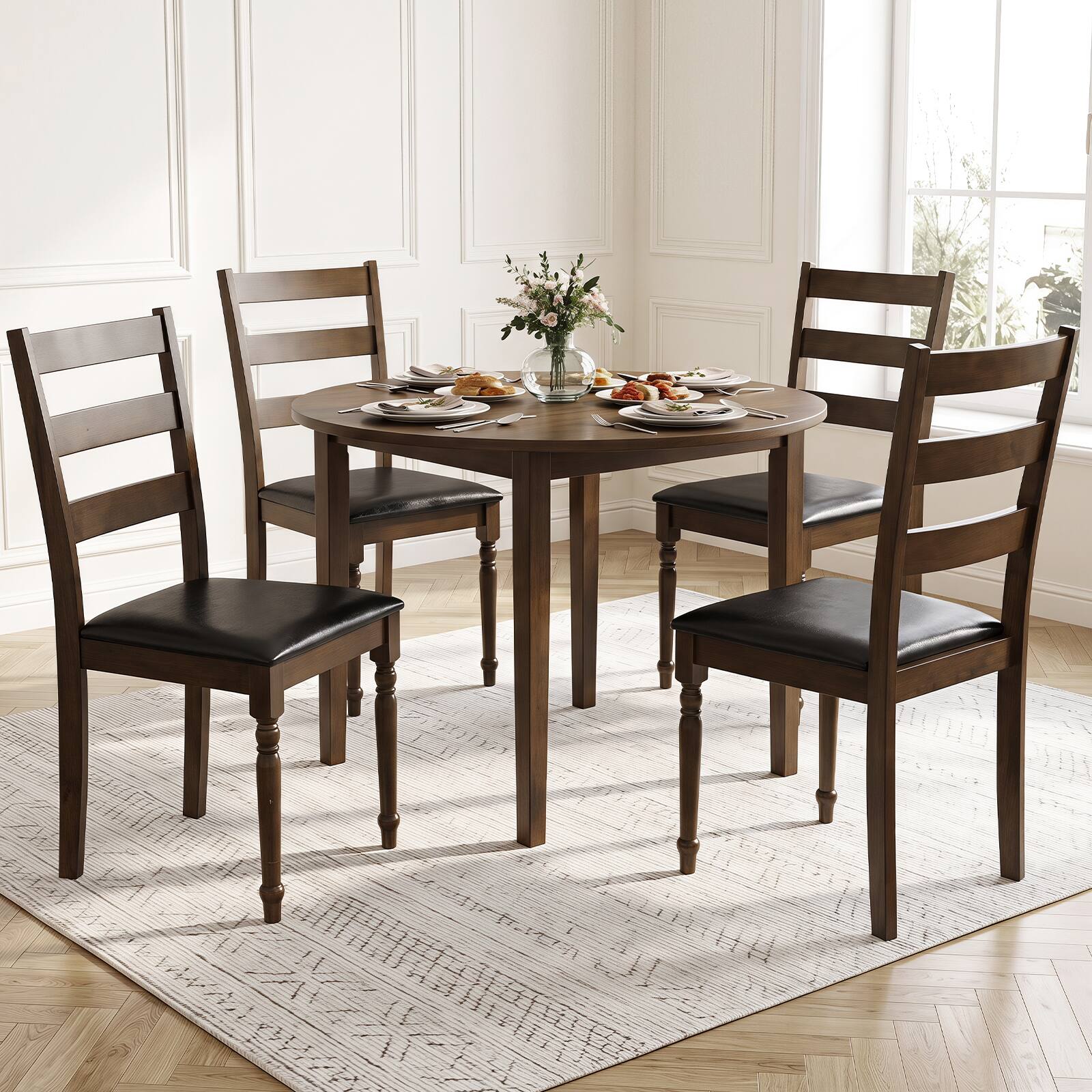 Alt View 3. Gymax - Gymax 4PCS Farmhouse PU Leather Upholstered Dining Chairs w/Ladder Back Padded Seat Brown & Black - Brown.
