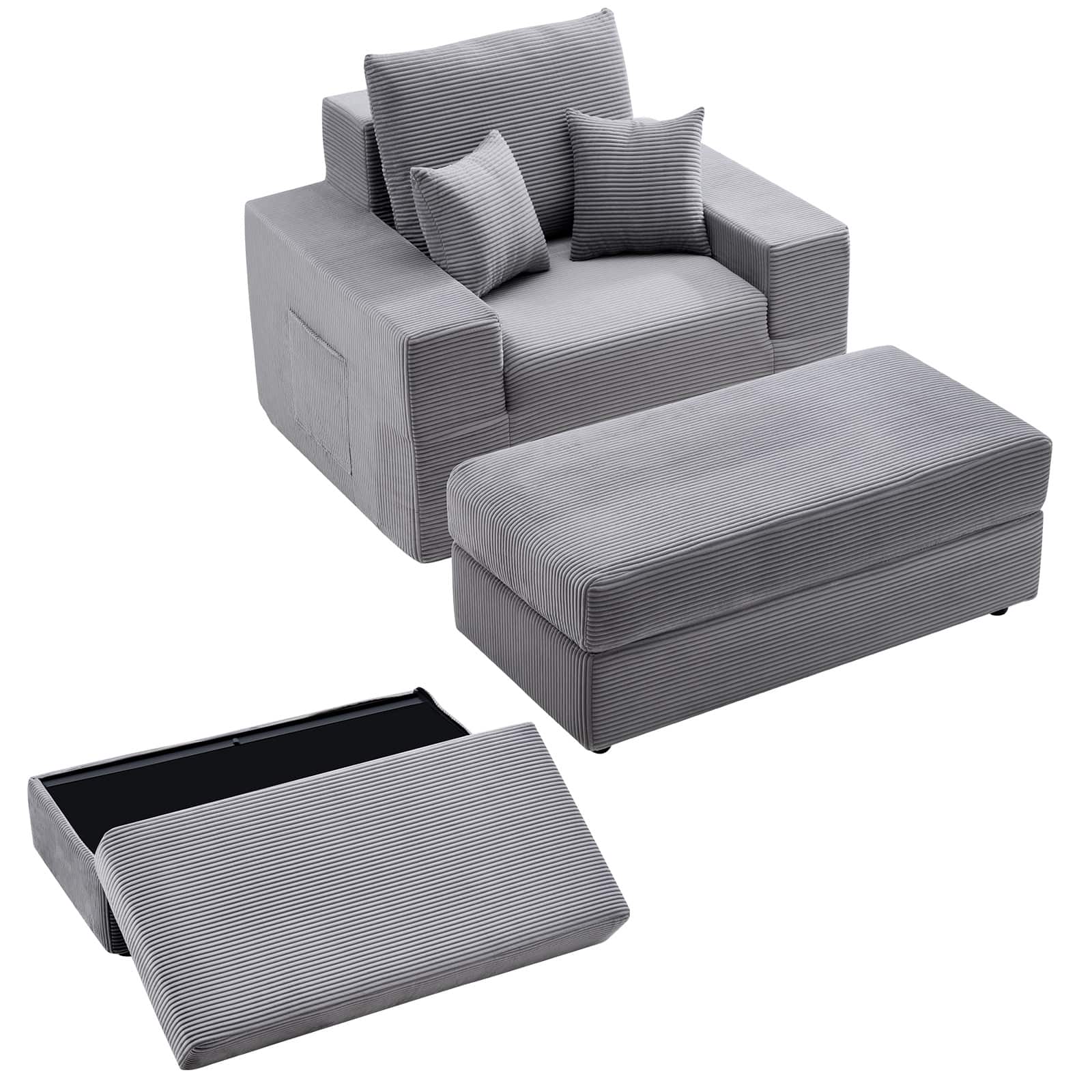 VEVOR - Modular Chaise Lounge Chair, 44-Inch Oversized Corduroy Recliner with Throw Pillows and Armrests - Gray
