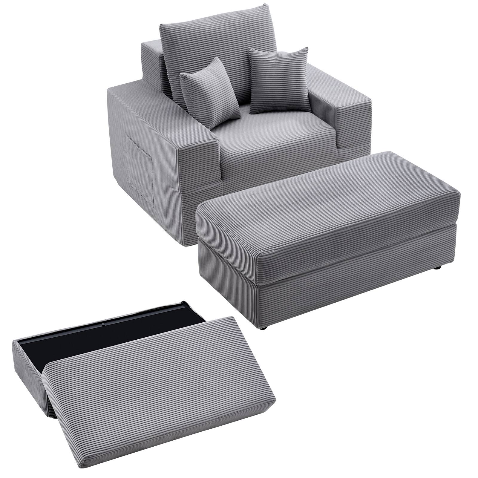 Front. VEVOR - Modular Chaise Lounge Chair, 44-Inch Oversized Corduroy Recliner with Throw Pillows and Armrests - Gray.