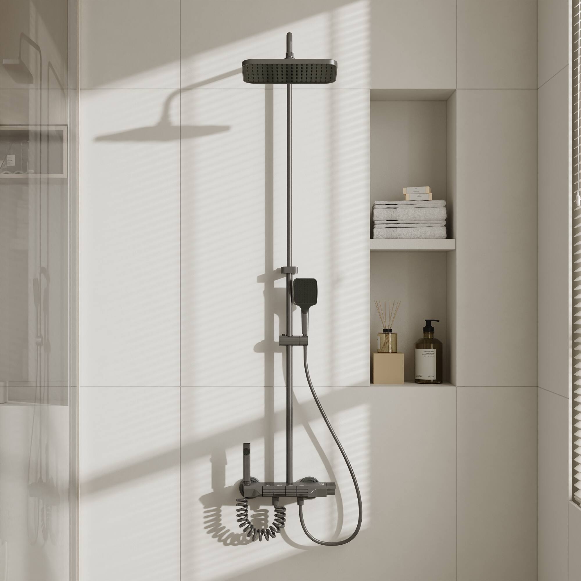 Left. Famapy - Thermostatic Shower System 4 Spray Modes Rainfall Shower Combo with Handheld Waterfall & Spray Gun, Aluminum Shower Set - Gunmetal Gray.