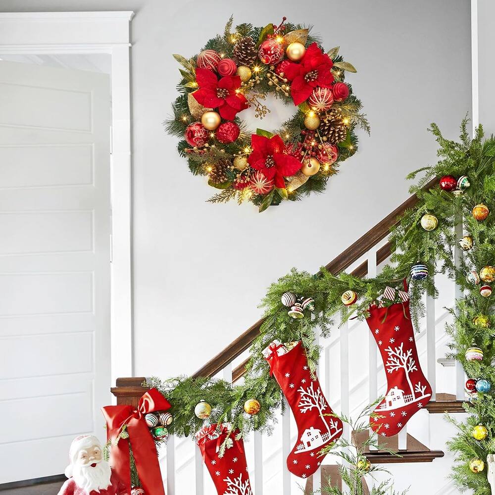 Alt View 1. RTMB - 24" Battery-Operated Christmas Wreath w/ Lights & Flower Ball Ornaments - Red Gold.