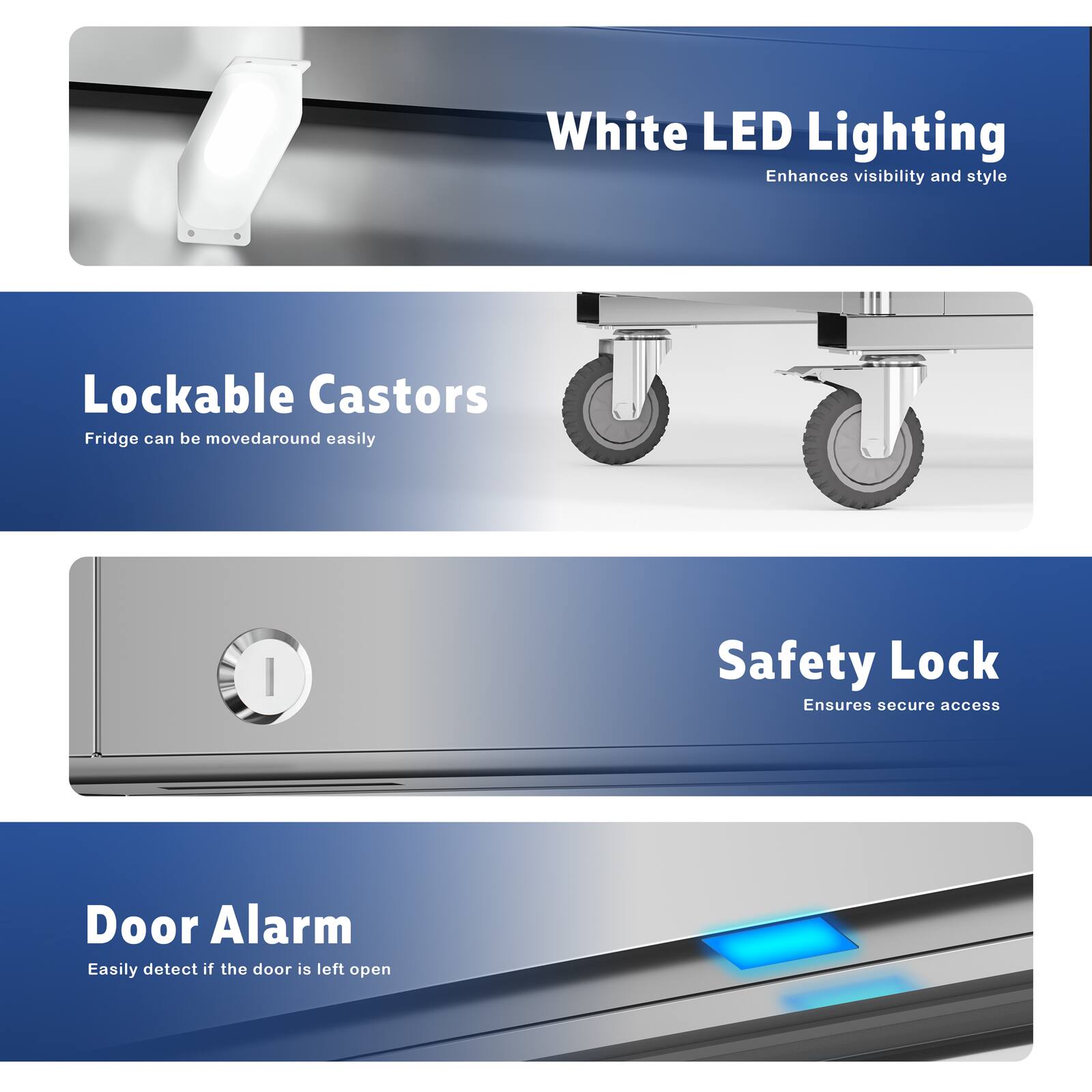 - White LED Lighting  
  Enhances visibility and style

- Lockable Castors  
  Fridge can be moved around easily

- Safety Lock  
  Ensures secure access

- Door Alarm  
  Easily detect if the door is left open