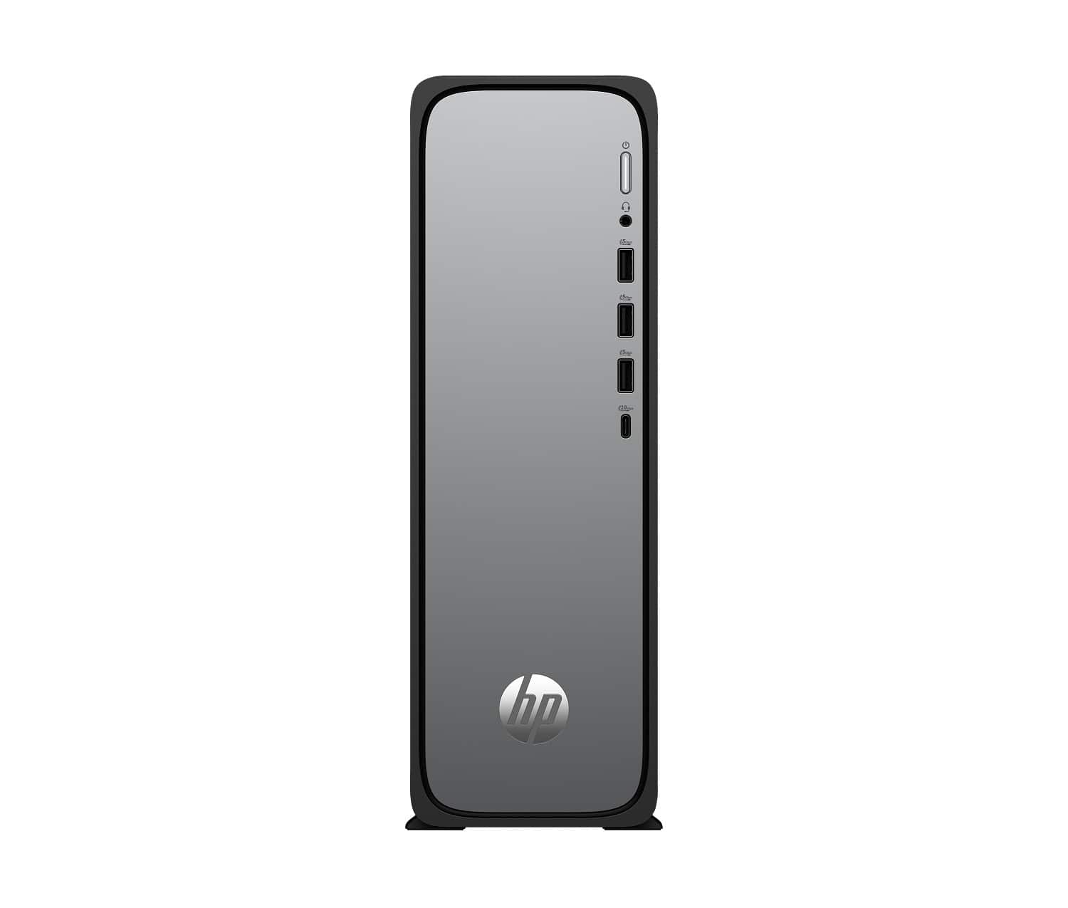 Front. HP - HP OmniDesk Desktop Intel Core i5 14th gen, 16 GB;512 GB SSD  Windows 11 Home - Meteor silver, jack black chassis.