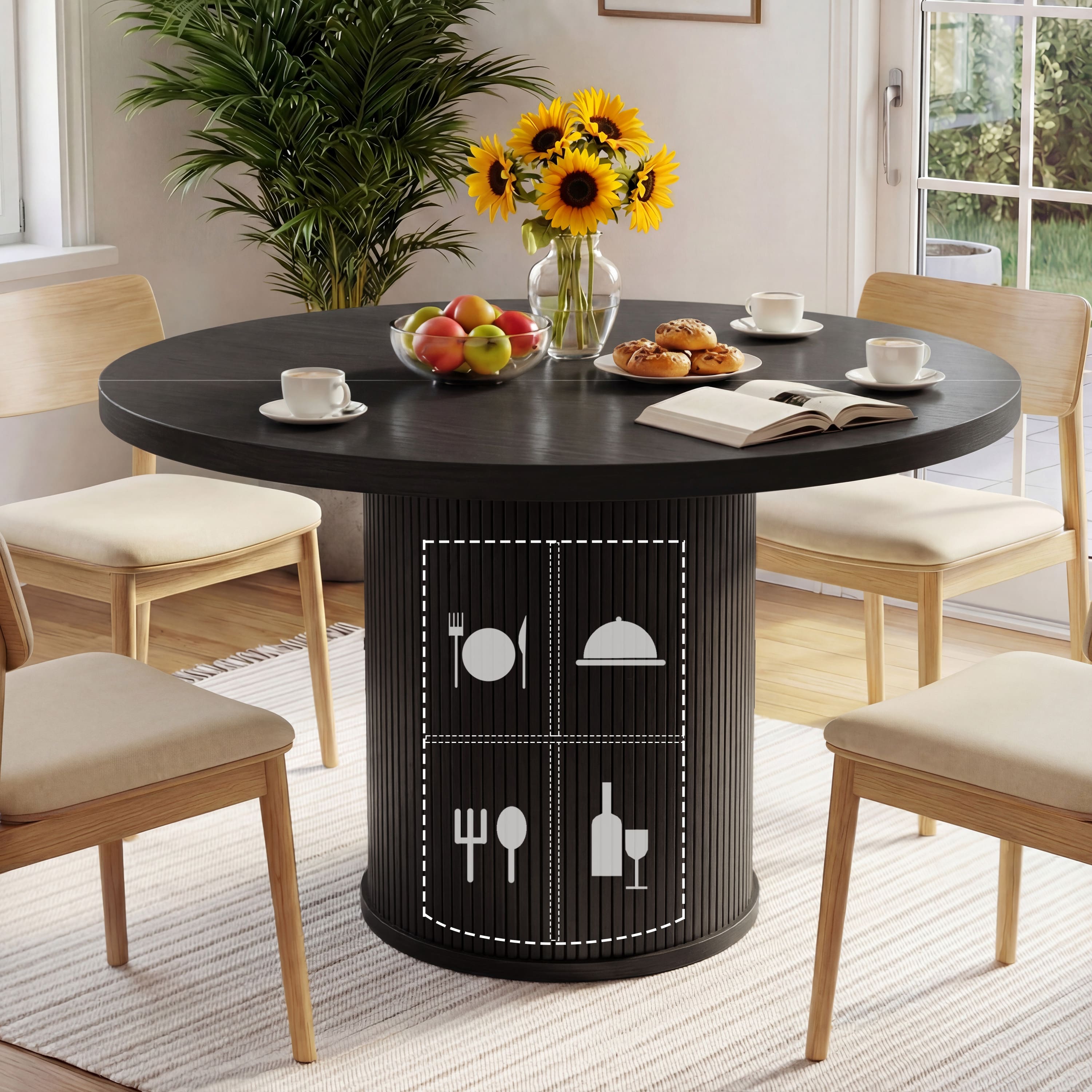 Dyonery - 35 circular four-person dining table, a modern type with double-layer storage space and sliding doors - Black