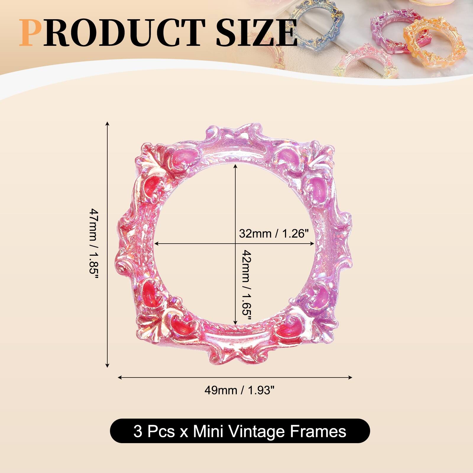 PRODUCT SIZE

47mm / 1.85"  
32mm / 1.26"  
42mm / 1.65"  
49mm / 1.93"  

3 Pcs x Mini Vintage Frames