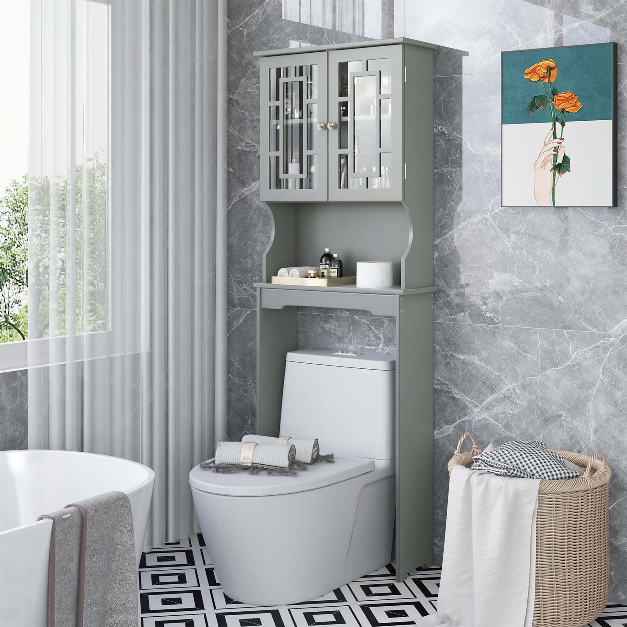 Alt View 1. Costway - Costway Over the Toilet Storage Bathroom Spacesaver Cabinet Tower Organizer Shelf & Doors Grey - Grey.