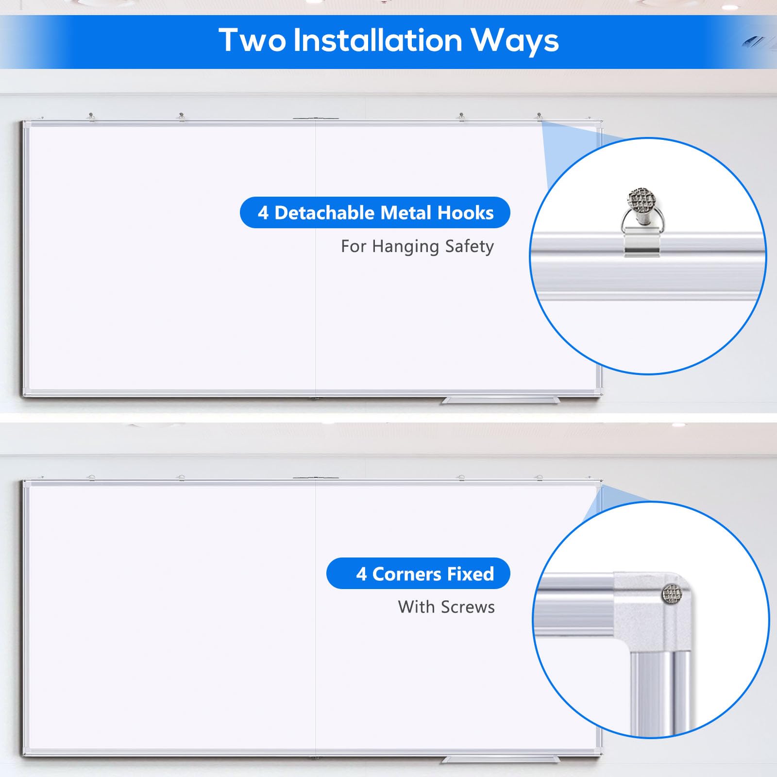 Two Installation Ways

4 Detachable Metal Hooks For Hanging Safety

4 Corners Fixed With Screws