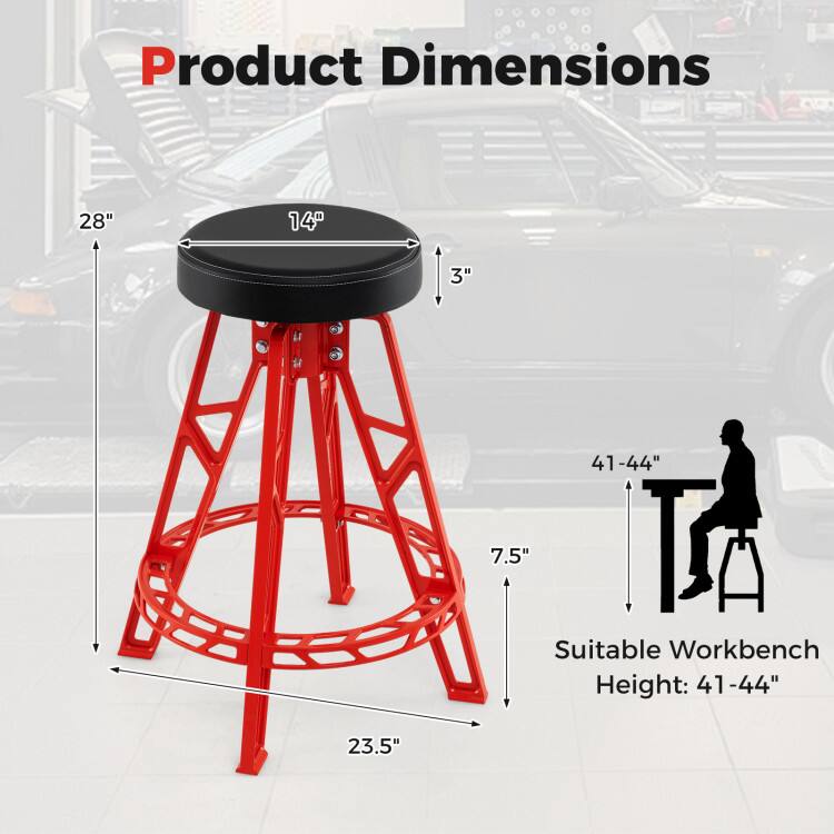 Product Dimensions: 28" x 14" x 3"  
Suitable Workbench Height: 41-44"  
Seat Height: 7.5"  
Base Diameter: 23.5"