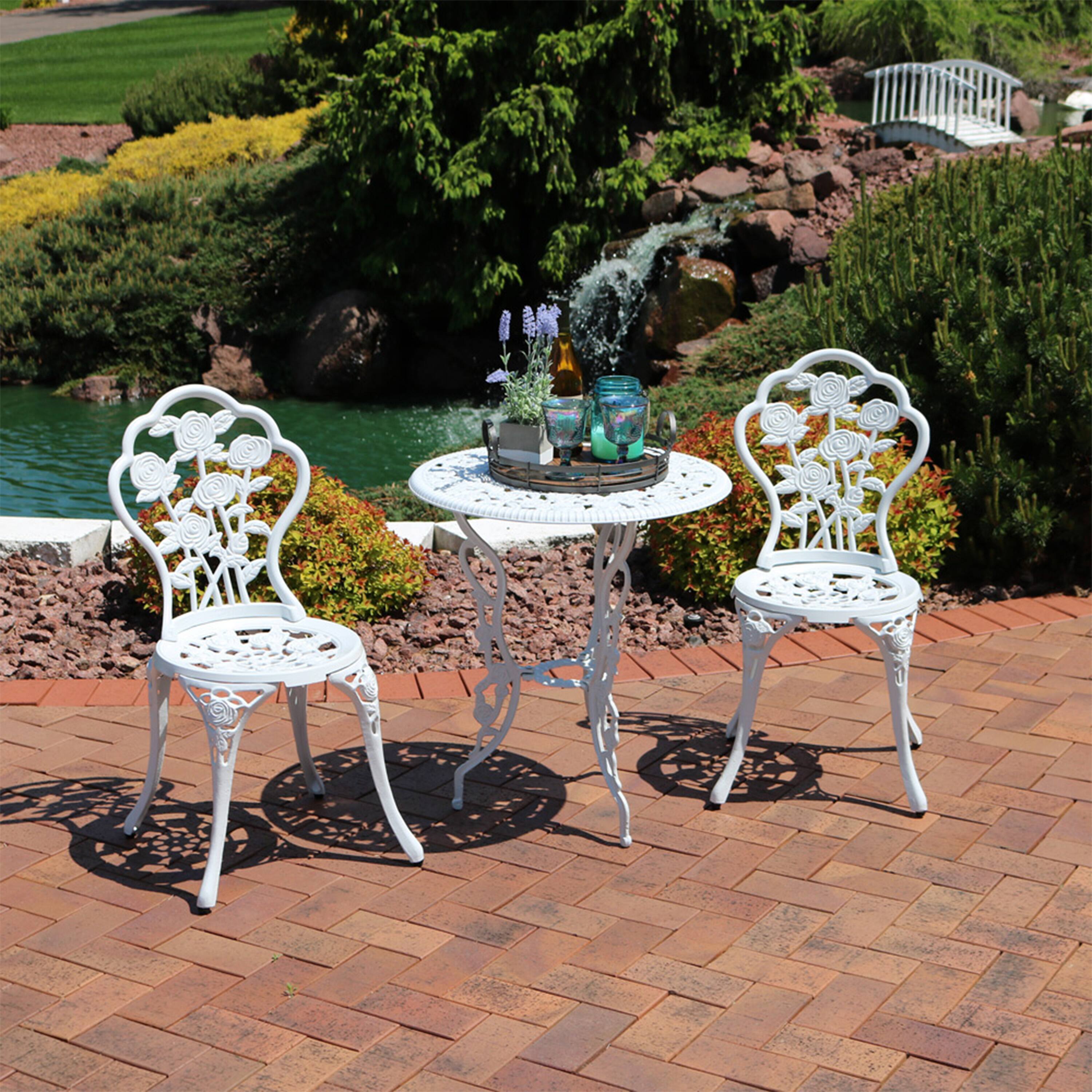 Alt View 3. Sunnydaze - Flower Design Cast Aluminum 3-Piece Patio Bistro Set - White.
