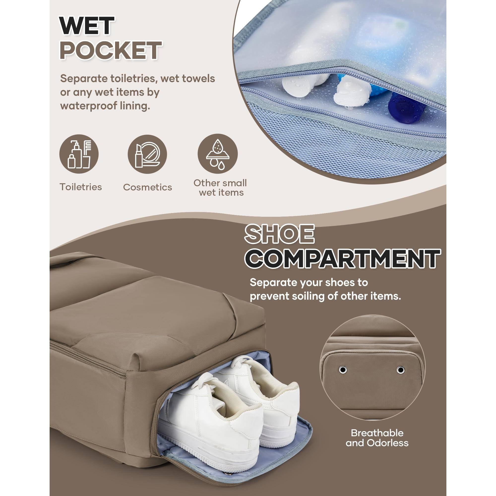**WET POCKET**  
Separate toiletries, wet towels or any wet items by waterproof lining.  
- Toiletries  
- Cosmetics  
- Other small wet items  

**SHOE COMPARTMENT**  
Separate your shoes to prevent soiling of other items.  
- Breathable and Odorless