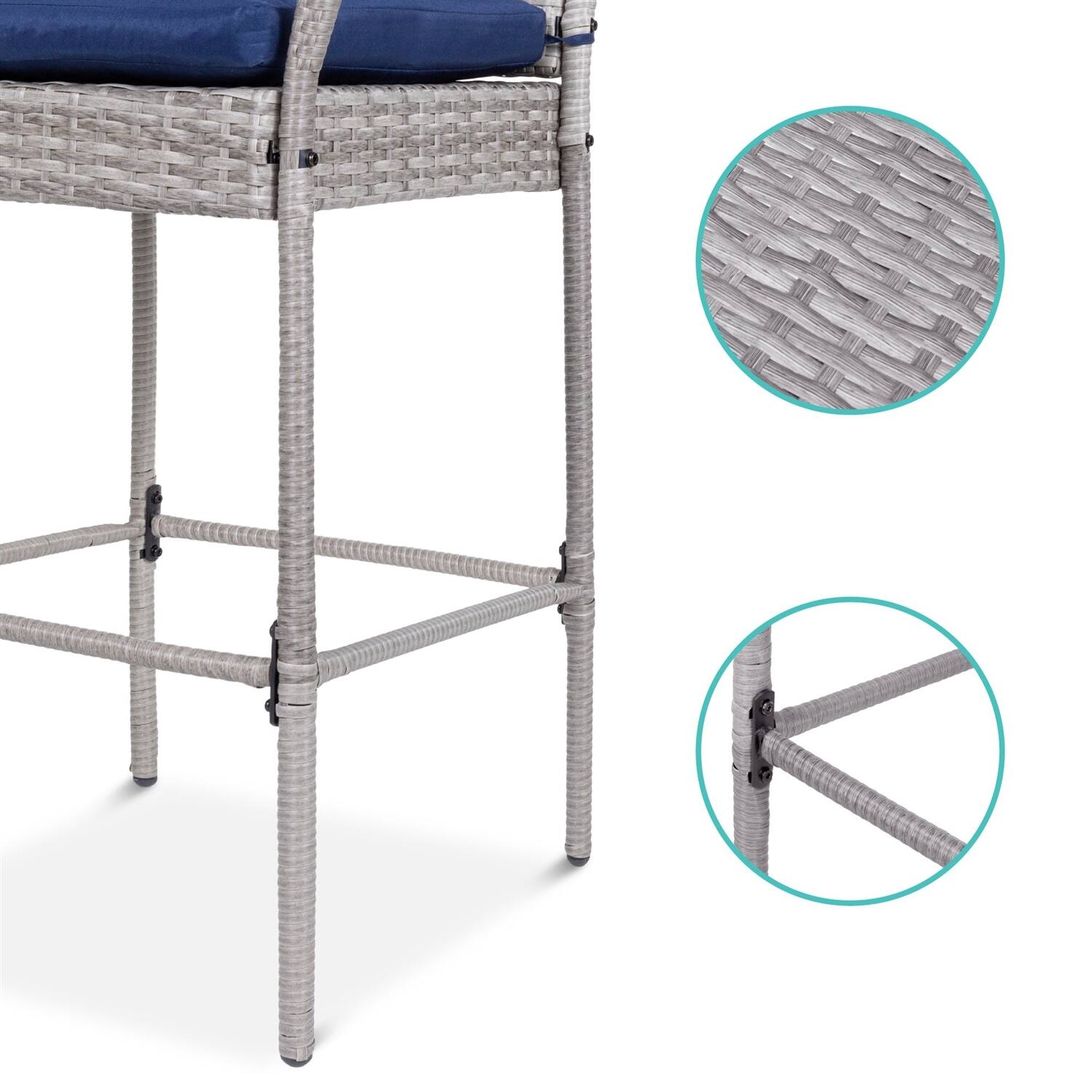 Back. Hivvago - Set of 2 Grey Indoor/Outdoor Wicker Bar Stools w/ 2 Blue Cushions - Gray.