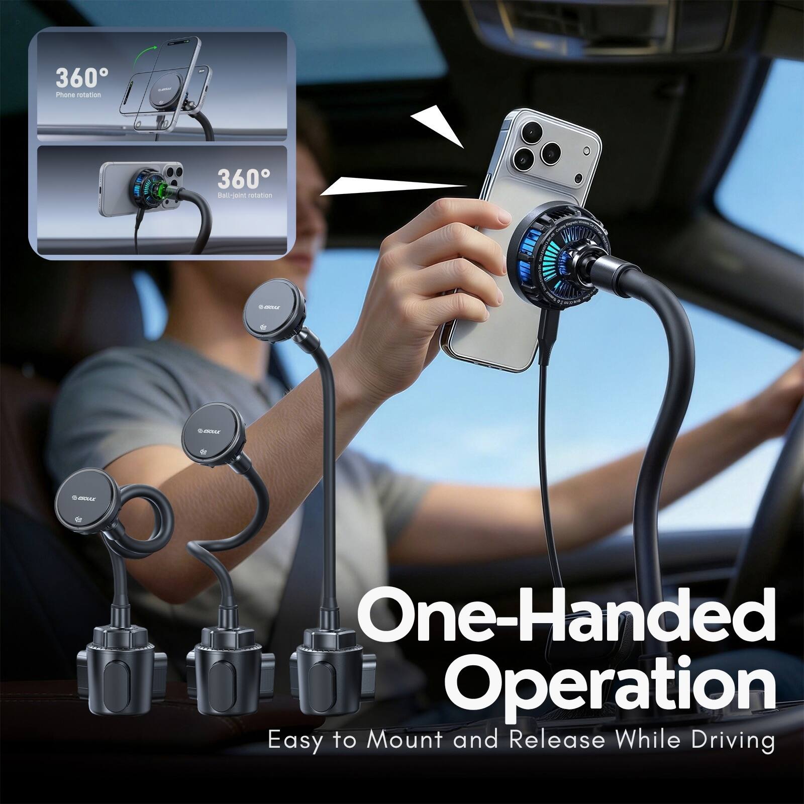 360° Phone rotation  
360° Ball-joint rotation  
SAMER  
sour  
gaxss  
One-Handed Operation  
Easy to Mount and Release While Driving
