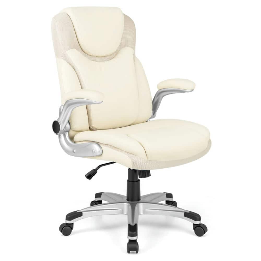 Pefilos - Ergonomic Office PU Leather Executive Chair with Flip-up Armrests and Rocking Function- Home Office Computer Desk - White