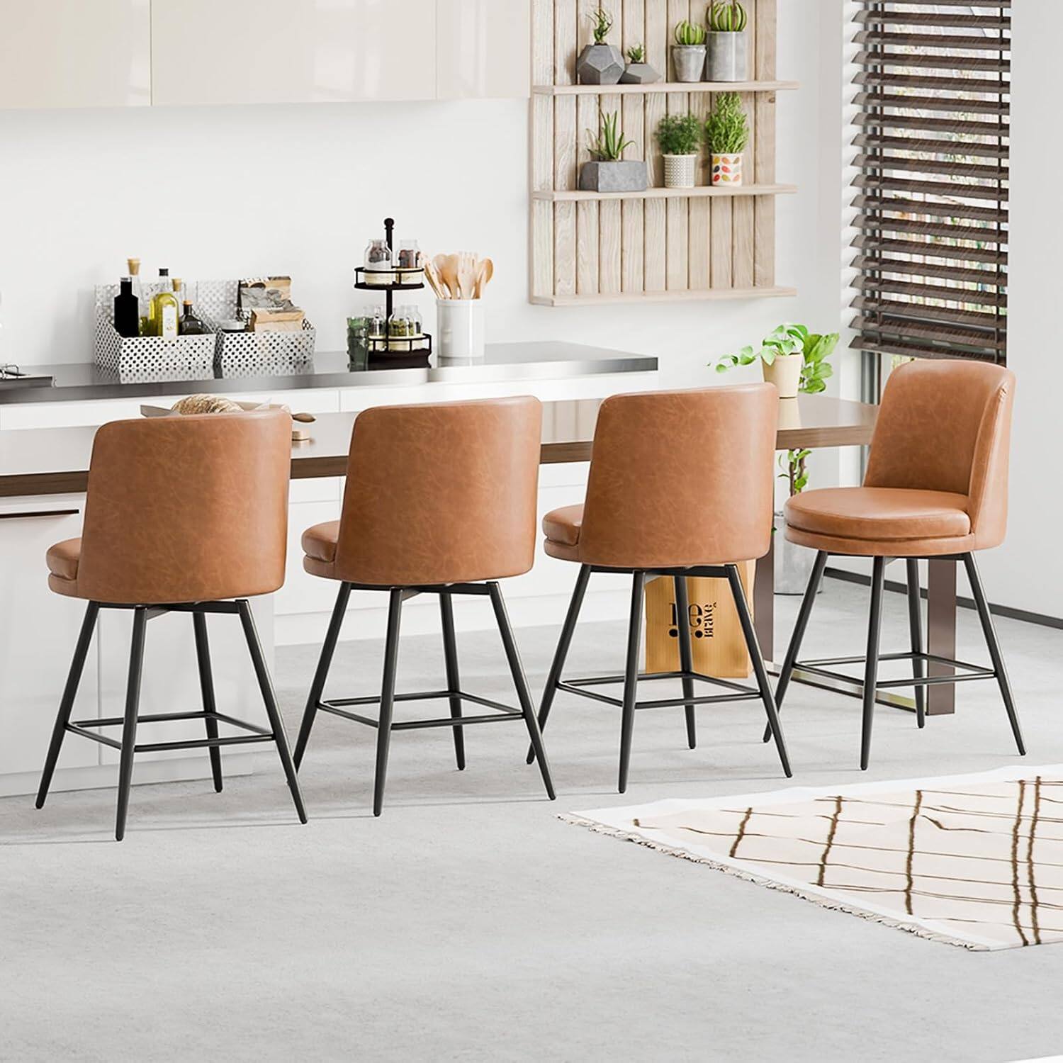 Alt View 6. Winado - 26" H Swivel Barstools PU Faux Leather Upholstered Counter Height Bar Stool Chair with Back, Round Seat, Metal Legs - Brown-Set of 4.