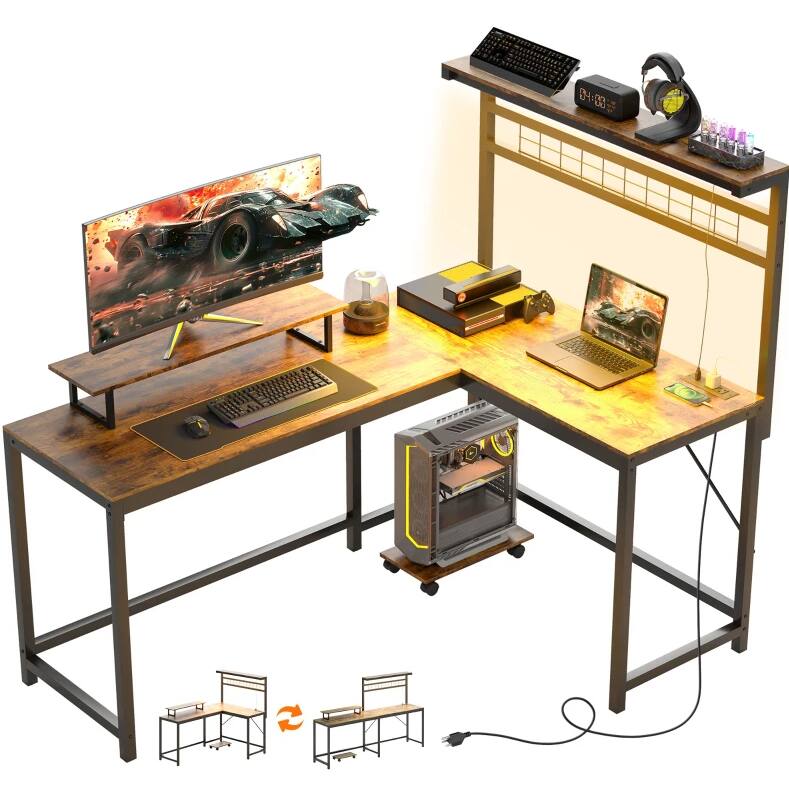 Angle. PexFix - L-Shaped Gaming Desk with Power Outlets & LED Lights, 51" Corner Desk with Monitor Stand - Rustic Brown.