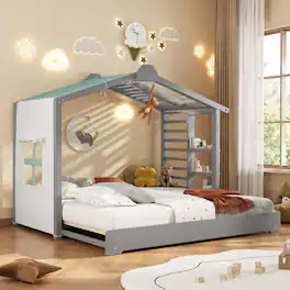 Anysun - Twin Size House Bed with Twin Size Trundle and Side Shelves - Gray