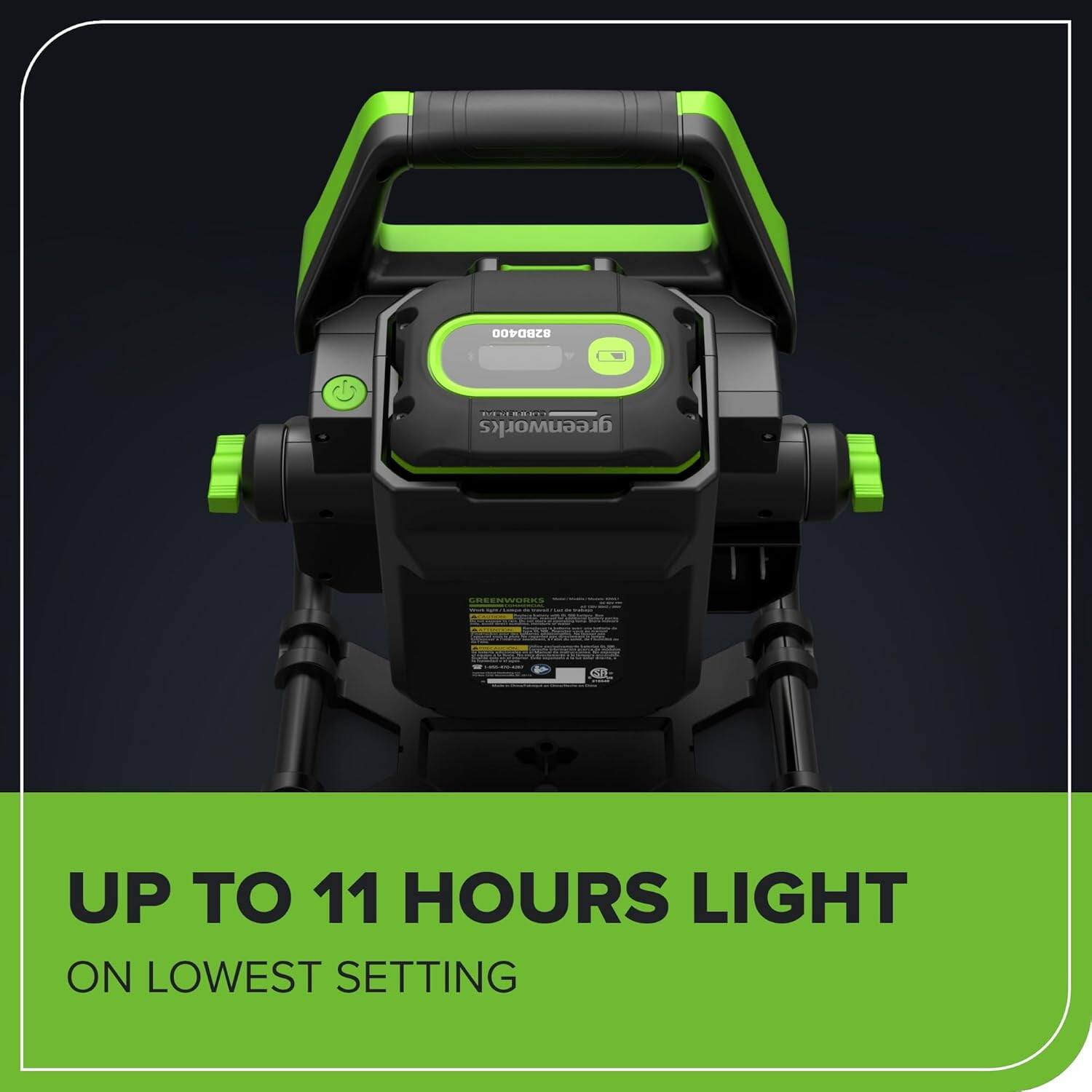 8280400 1 ..... greenworks UP TO 11 HOURS LIGHT ON LOWEST SETTING