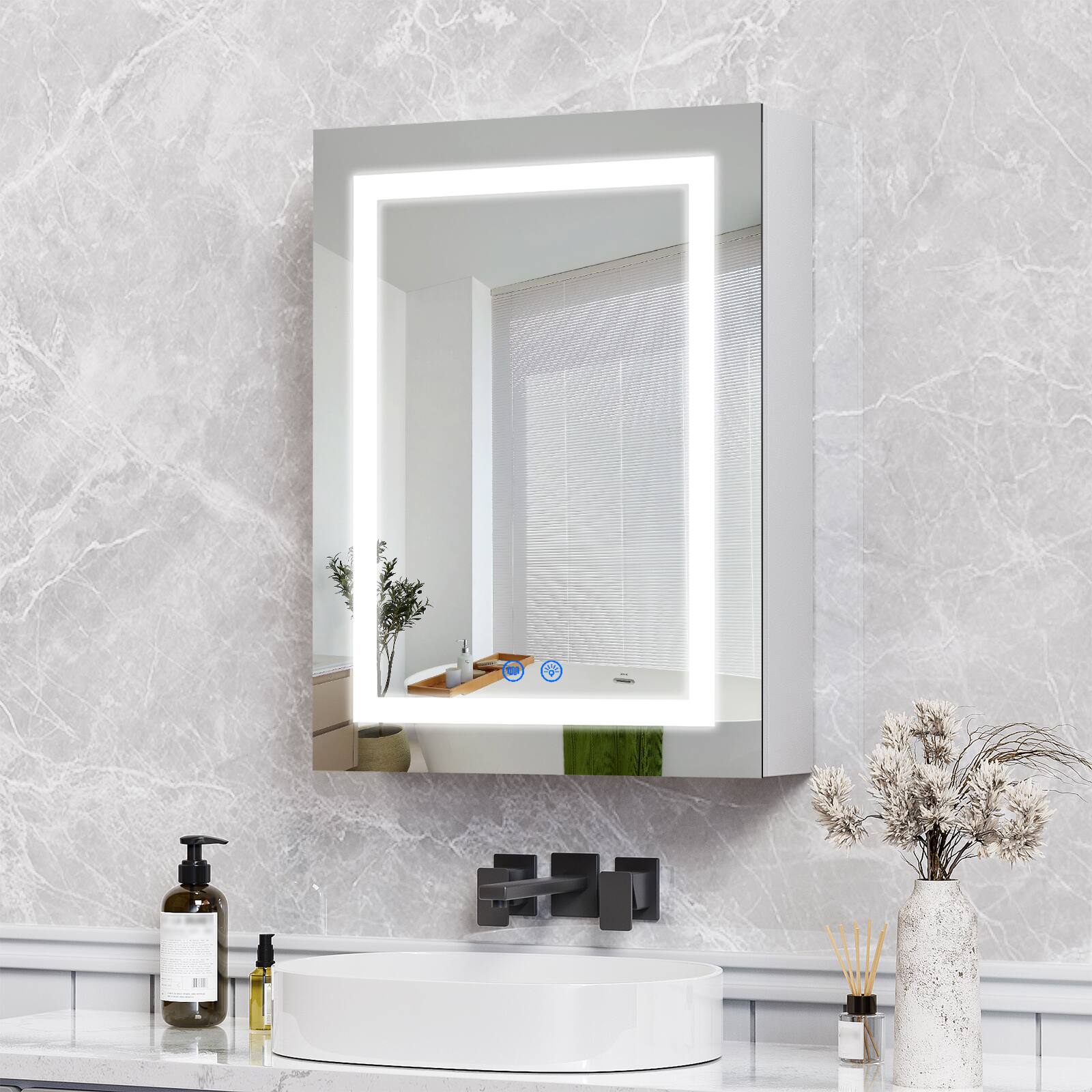 Angle. FUFU & GAGA - Smart LED Bathroom Mirror Cabinet – Anti-Fog, Dimmable 3-Color Light, Adjustable Shelves - White.