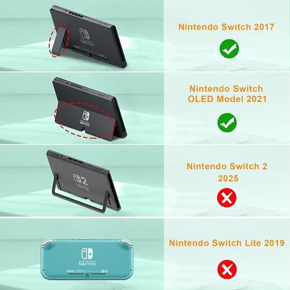 Nintendo Switch 2017  
Nintendo Switch OLED Model 2021  
Nintendo Switch 2 2025 X  
Nintendo Switch Lite 2019