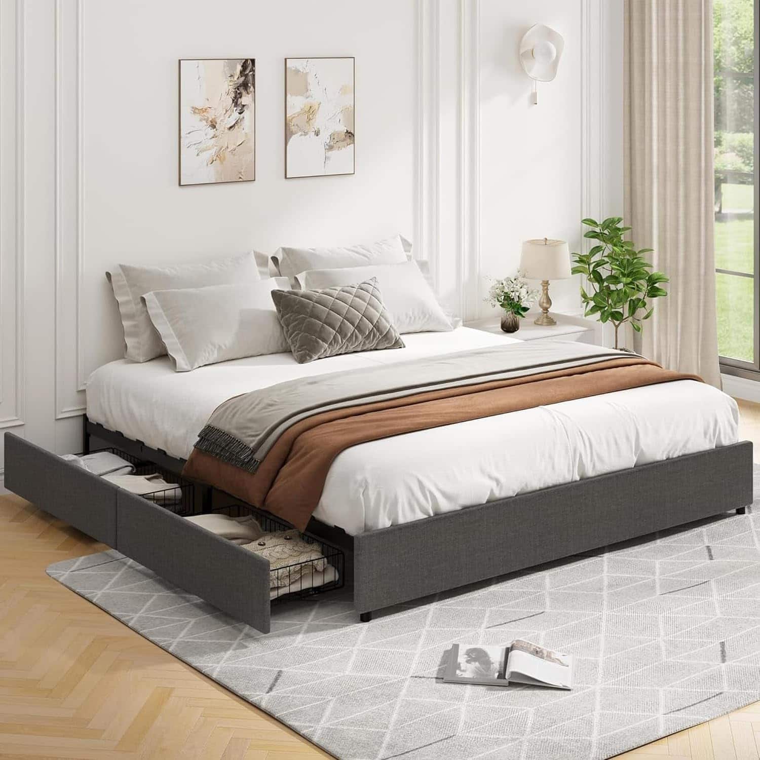 Babevy - King/Queen/Full Size Bed Frame with 4 Storage Drawers, Platform Bed Frame with Mattress Foundation - Dark Gray