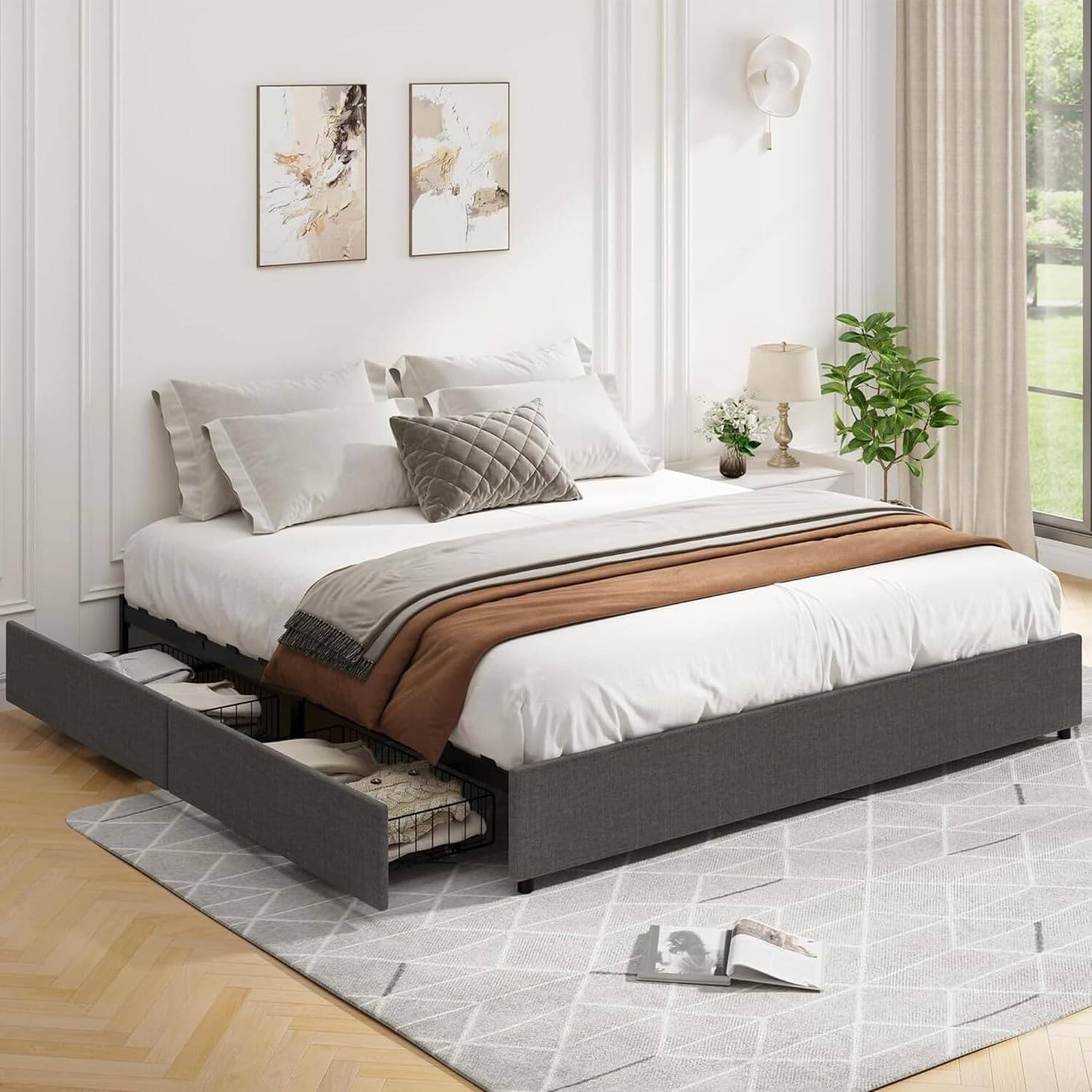 Front. Babevy - King/Queen/Full Size Bed Frame with 4 Storage Drawers, Platform Bed Frame with Mattress Foundation - Dark Gray.