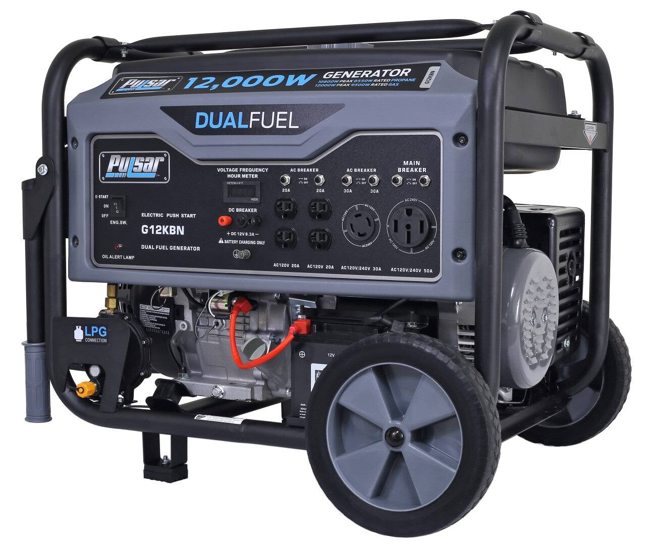 GENERATOR  
12,000W  
Pulsar  
M120 EPRANE  
DUAL FUEL  
G12KBN  
DUAL FUEL GENERATOR  
ELECTRIC PUSH START  
ENG. SW.  
OIL ALERT LAMP  
MAIN VOLTAGE FREQUENCY  
HOUR METER  
AC BREAKER  
DC BREAKER  
BATTERY CHARGING ONLY  
AC120V/240V  
LPG CONNECTION  
12V  
DC120V 20A  
AC120V/240V 30A
