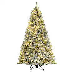 Front. Costway - 6ft Pre-lit Snow Flocked Hinged Christmas Tree w/ 928 Tips & Metal Stand - Green/White.