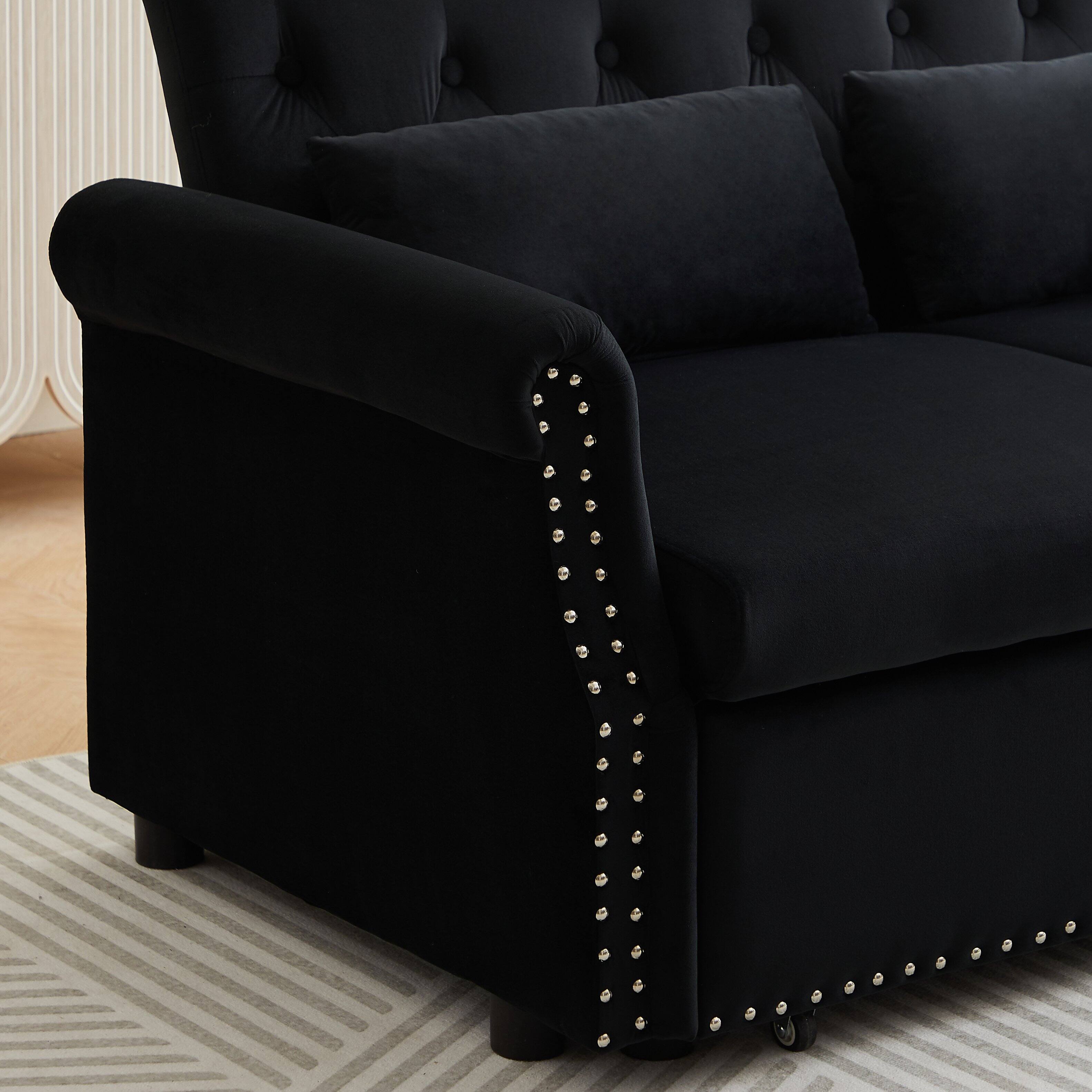 Alt View 4. Tiramisubest - Modern Velvet Convertible Loveseat Sleeper Sofa with 2 Lumbar Pillows,Adjustable Pull-Out Bed,Removable Armrest,Black - Black.