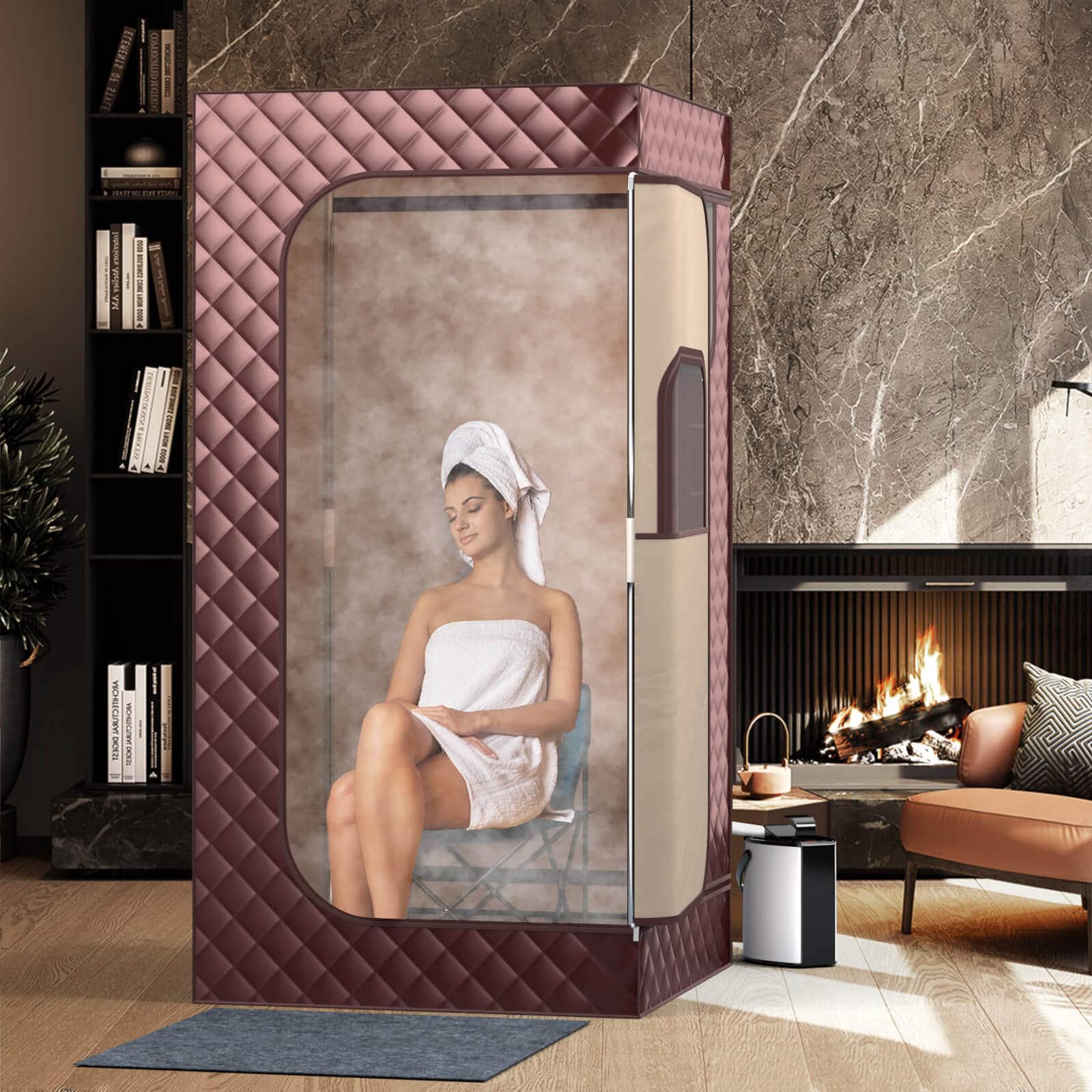 The image features a woman sitting in a sauna, which is a small room with a chair and a fireplace. The woman is wrapped in a towel, and there is a potted plant nearby. The scene also includes a bookshelf with several books on it, and a couch in the background. The woman appears to be enjoying her time in the sauna, which is a relaxing and therapeutic experience.