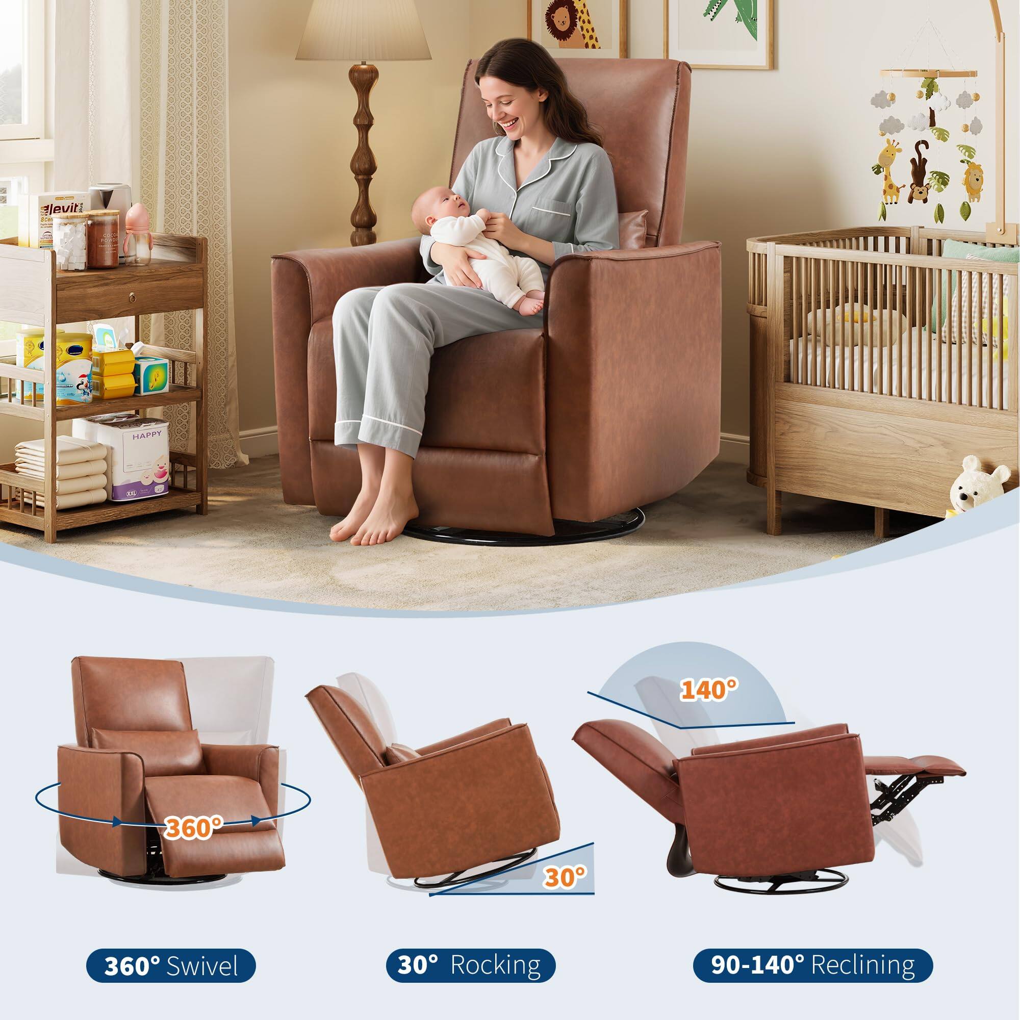 Leviti Happy is a versatile chair with the following features:

- 360° Swivel
- 30° Rocking
- 90-140° Reclining