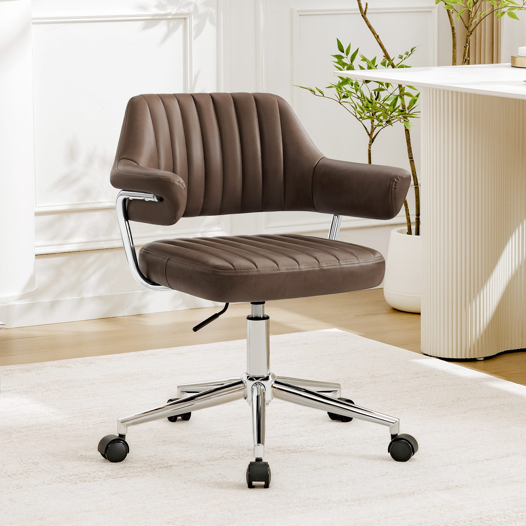 Brick Attic - Home Office Chair Swivel Leather Chair Vanity Rolling Adjustable Task Chair for Dresser Bedroom Living Room - Brown