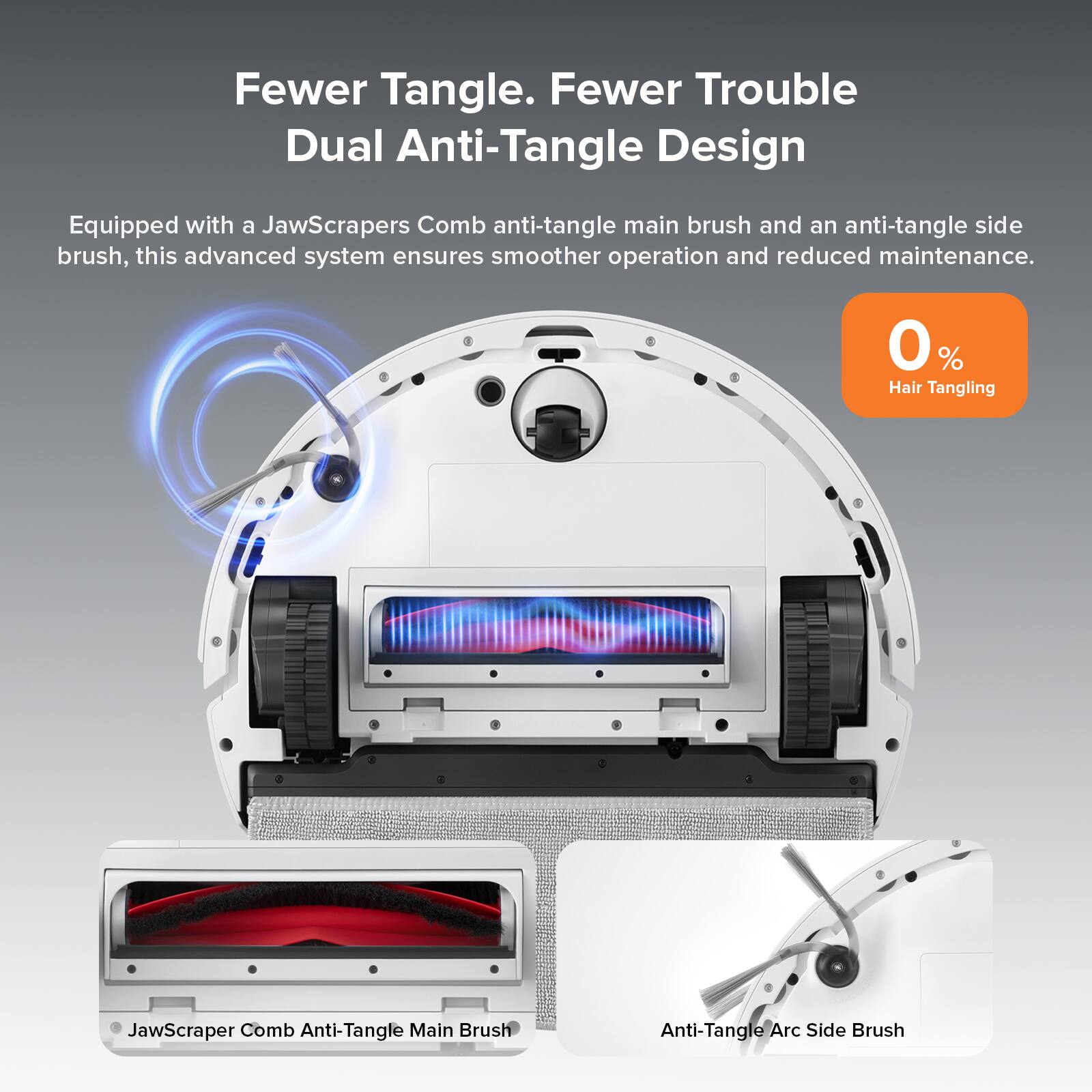 Fewer Tangle. Fewer Trouble  
Dual Anti-Tangle Design  

Equipped with a JawScrapers Comb anti-tangle main brush and an anti-tangle side brush, this advanced system ensures smoother operation and reduced maintenance.  

0% Hair Tangling  

JawScraper Comb Anti-Tangle Main Brush  
Anti-Tangle Arc Side Brush