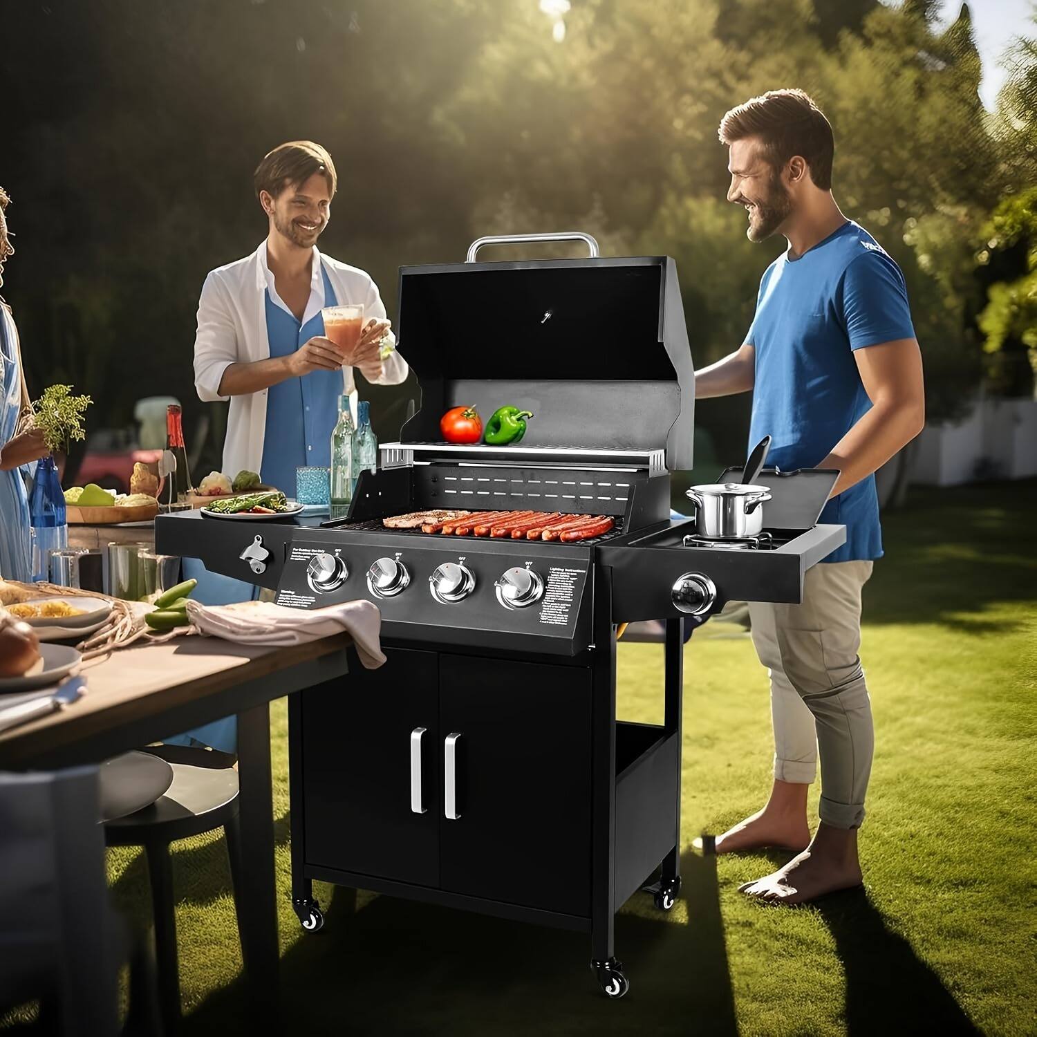 Angle. GlowWise - Propane Gas Grill 4 Burners With Side Burner Freestanding Grill Cart With Wheels For Outdoor Garden Cooking Barbecue - Black.