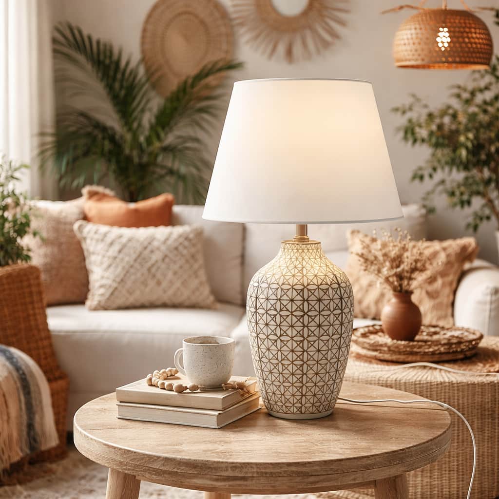 FC Design - 16"H White Shade w/ Beige/Black Mosaic Ceramic Base Table Lamp