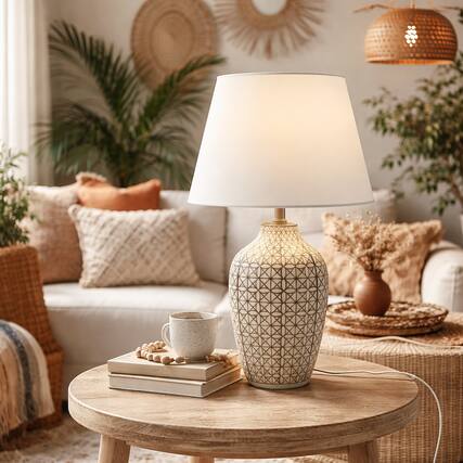 Front. FC Design - 16"H White Shade w/ Beige/Black Mosaic Ceramic Base Table Lamp.