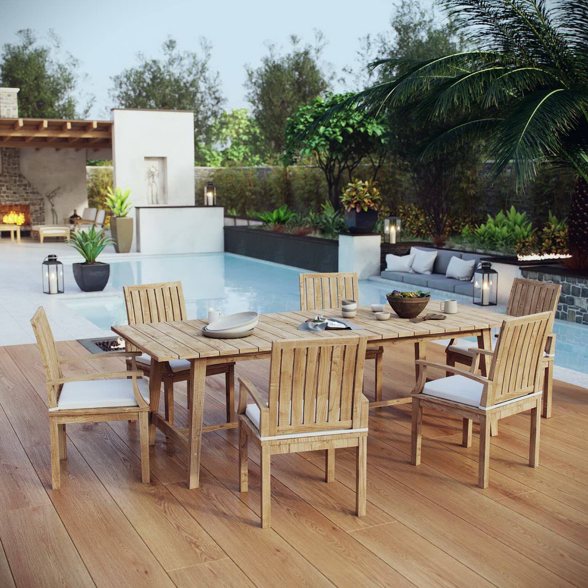 Alt View 3. Modway - Marina 7-Piece Outdoor Teak Patio Dining Set - Natural White.
