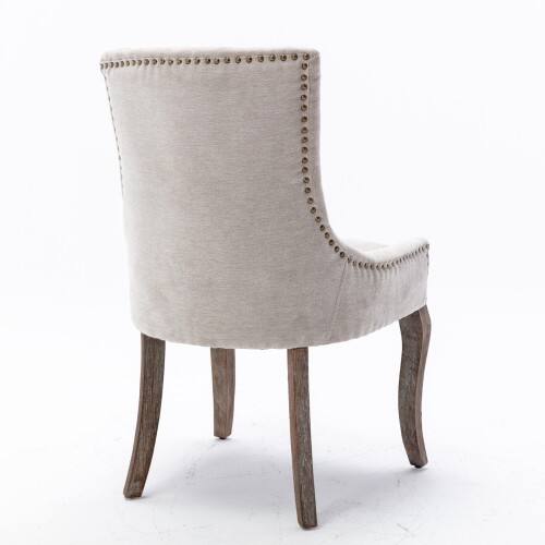 Back. LUCKY ONE - Assembled Ultra Side Dining Chair Set of 2 Thickened Fabric Chairs with Solid Wood Legs Bronze Nailhead - Beige.