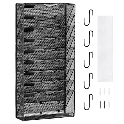 Front. VEVOR - File Wall Rack, One-Piece 10 Pockets Mesh Wall File Holder, Wall Mounted Magazine Mail Paper & Document Storage Folder - Black.