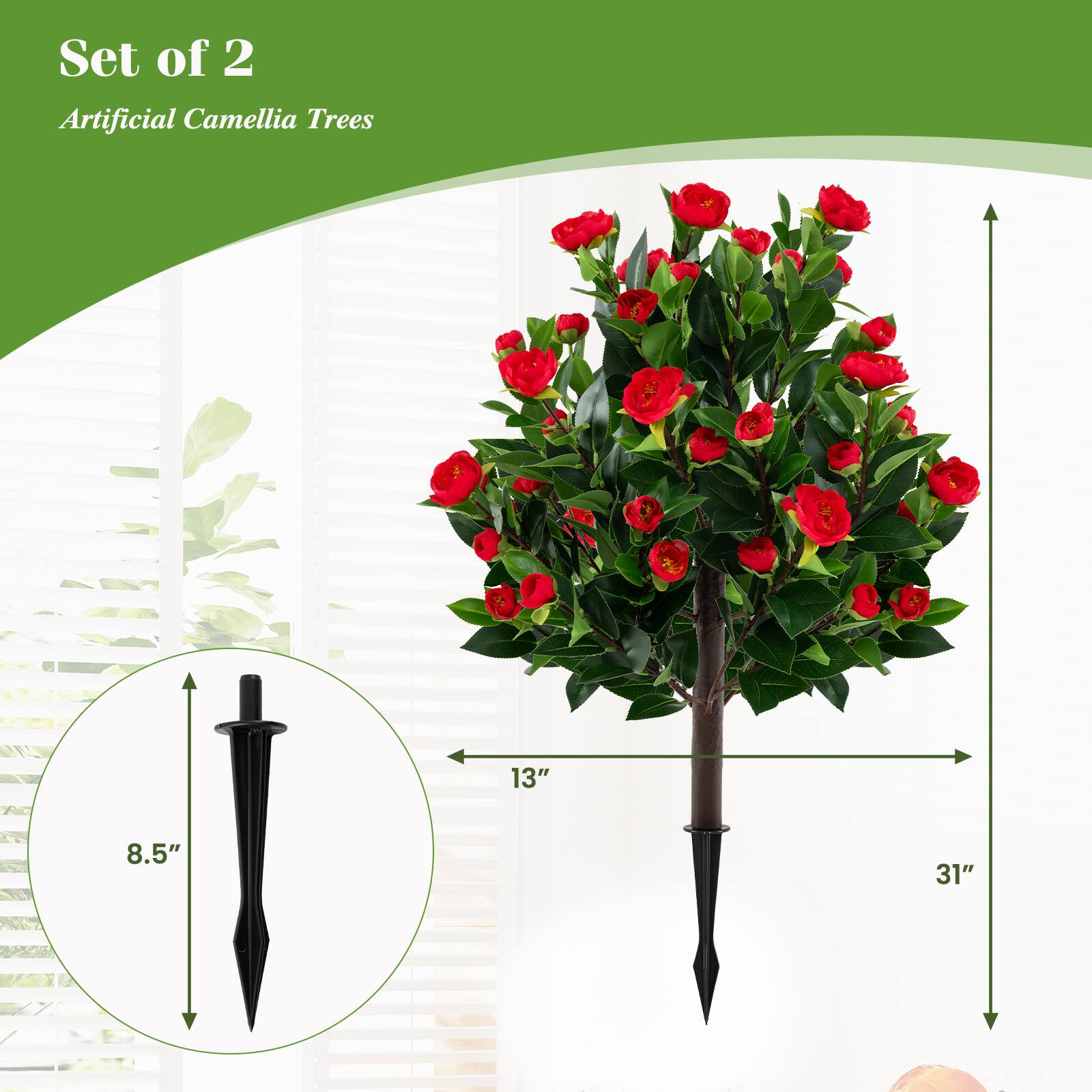 Set of 2  
Artificial Camellia Trees  

8.5"  
13"  
31"